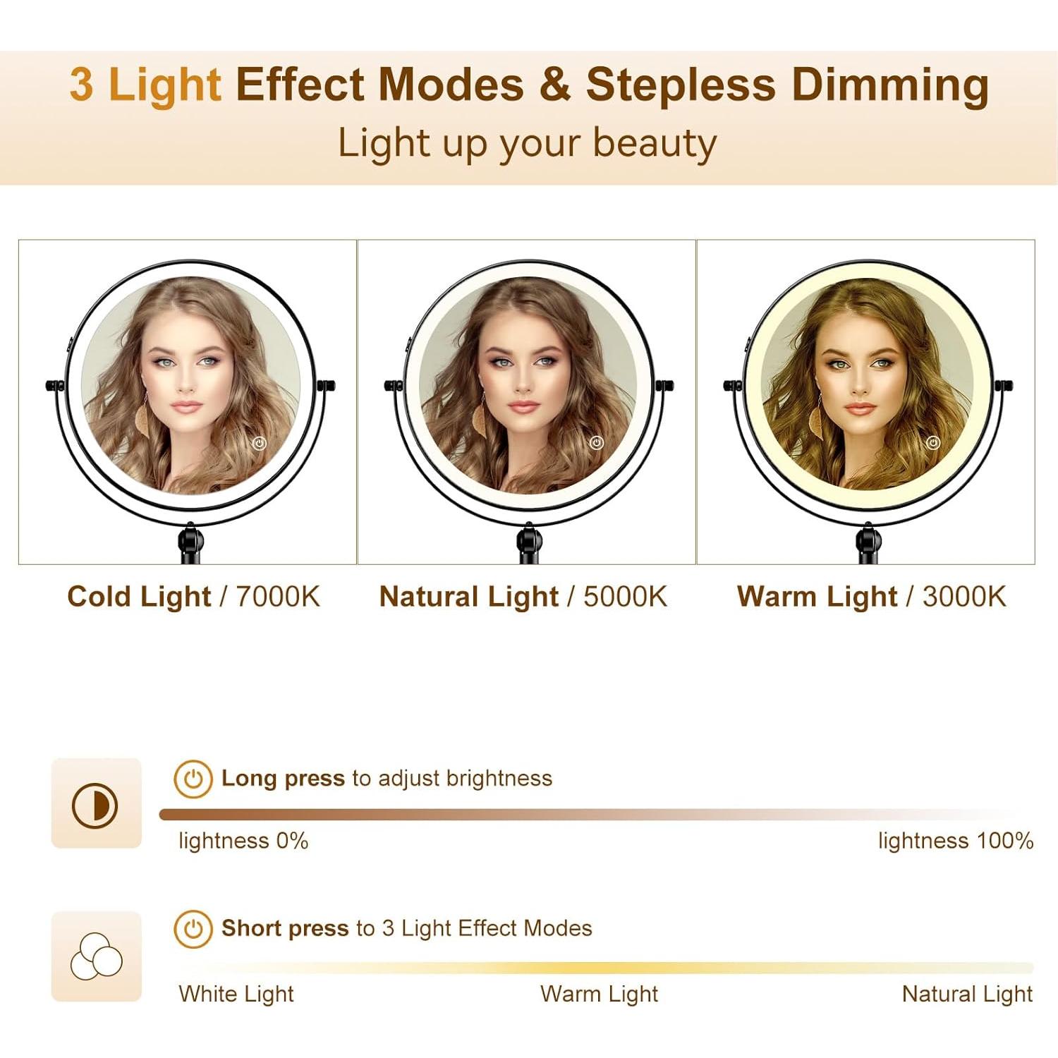 Espejo de Maquillaje Iluminado ZLOKLA 9" Doble Cara 1X/10X