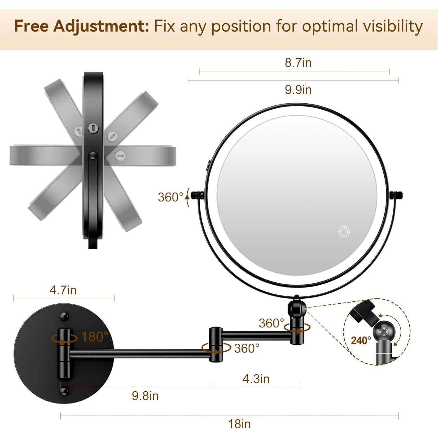 Espejo de Maquillaje Iluminado ZLOKLA 9" Doble Cara 1X/10X