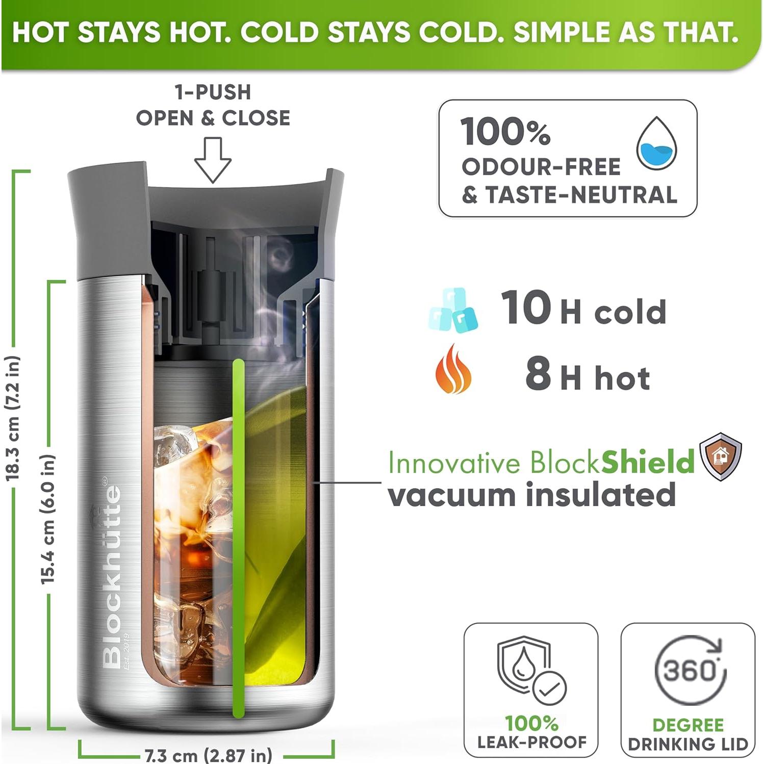 Taza de viaje aislada Blockhütte 354 ml, acero inoxidable, tapa a prueba de derrames