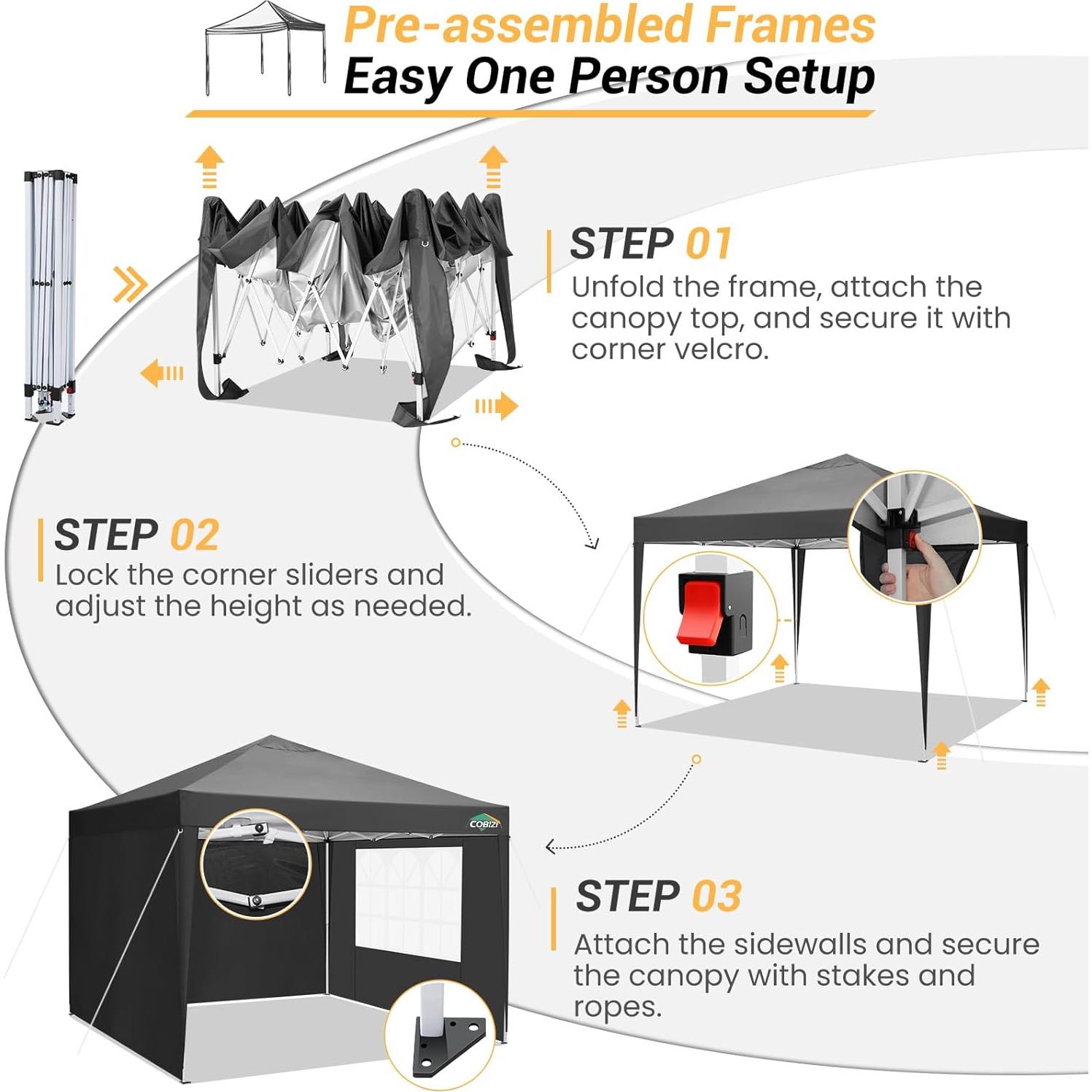 Carpa Plegable 3 Paredes COBIZI 10x10m Impermeable Negra