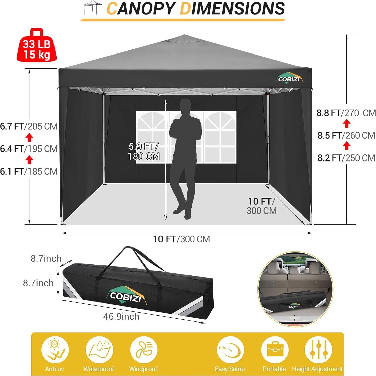 Carpa Plegable 3 Paredes COBIZI 10x10m Impermeable Negra