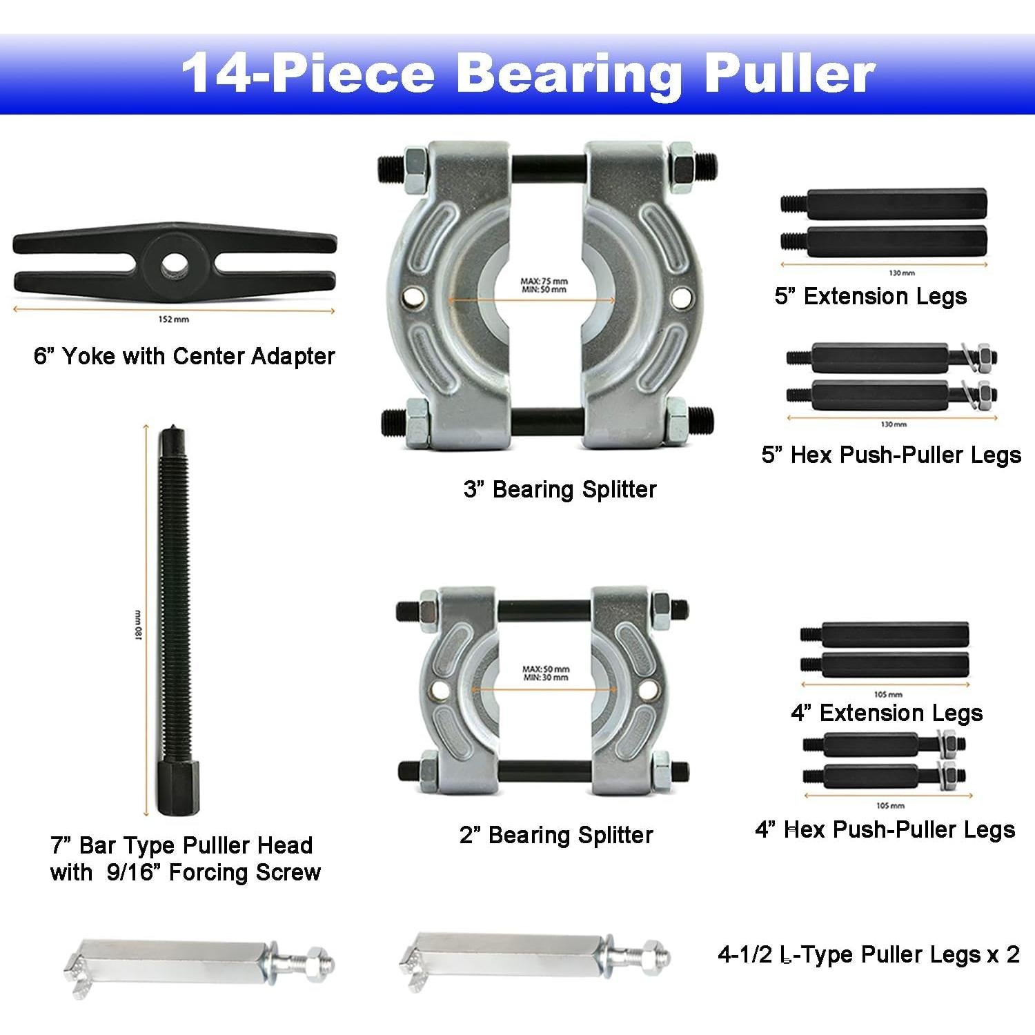 Juego de Extractores de Rodamientos YOTOO 5 Toneladas 12,7 cm