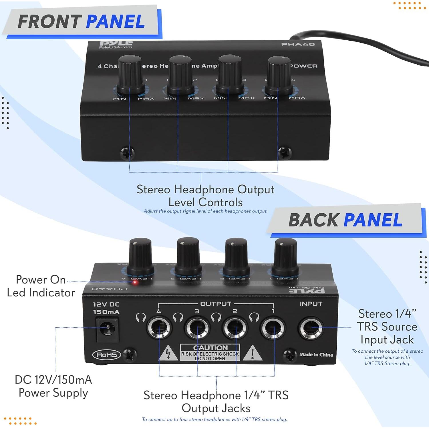 Amplificador de auriculares Pyle PHA40 4 canales compacto