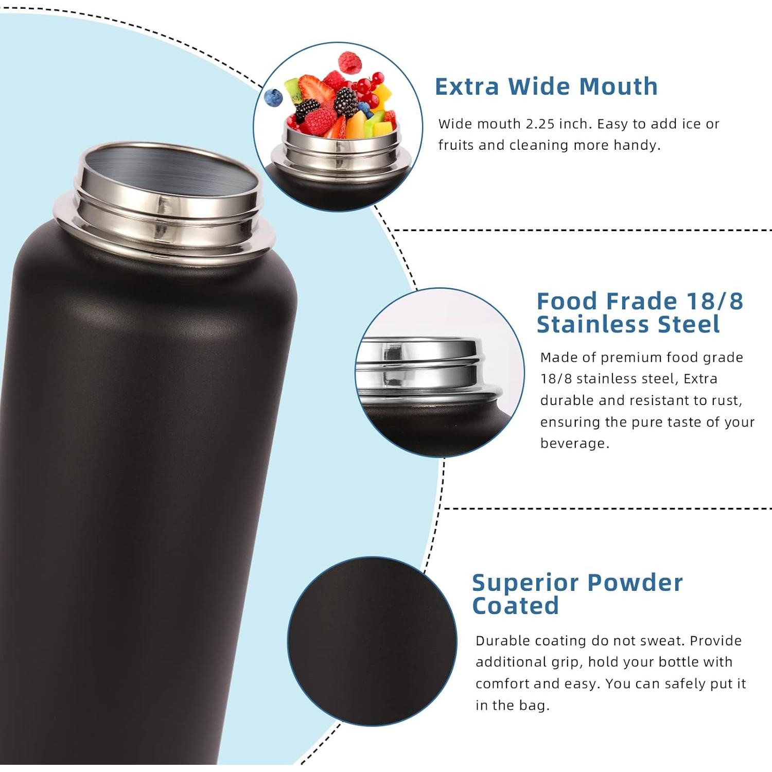 Botella de Agua Aislada Volhoply 32 oz Acero Inoxidable Negro