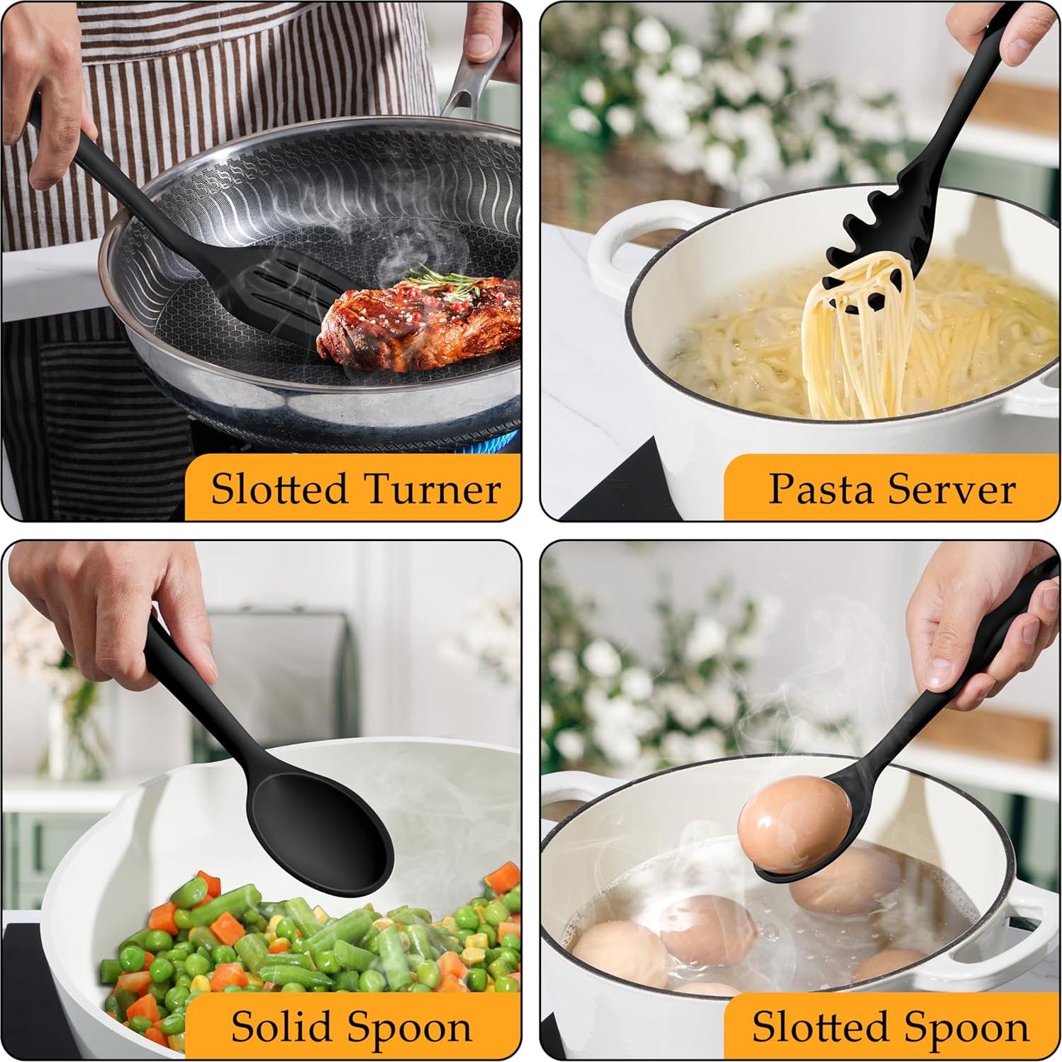 Juego de Utensilios de Cocina LIANYU 4 Piezas Silicona Negro