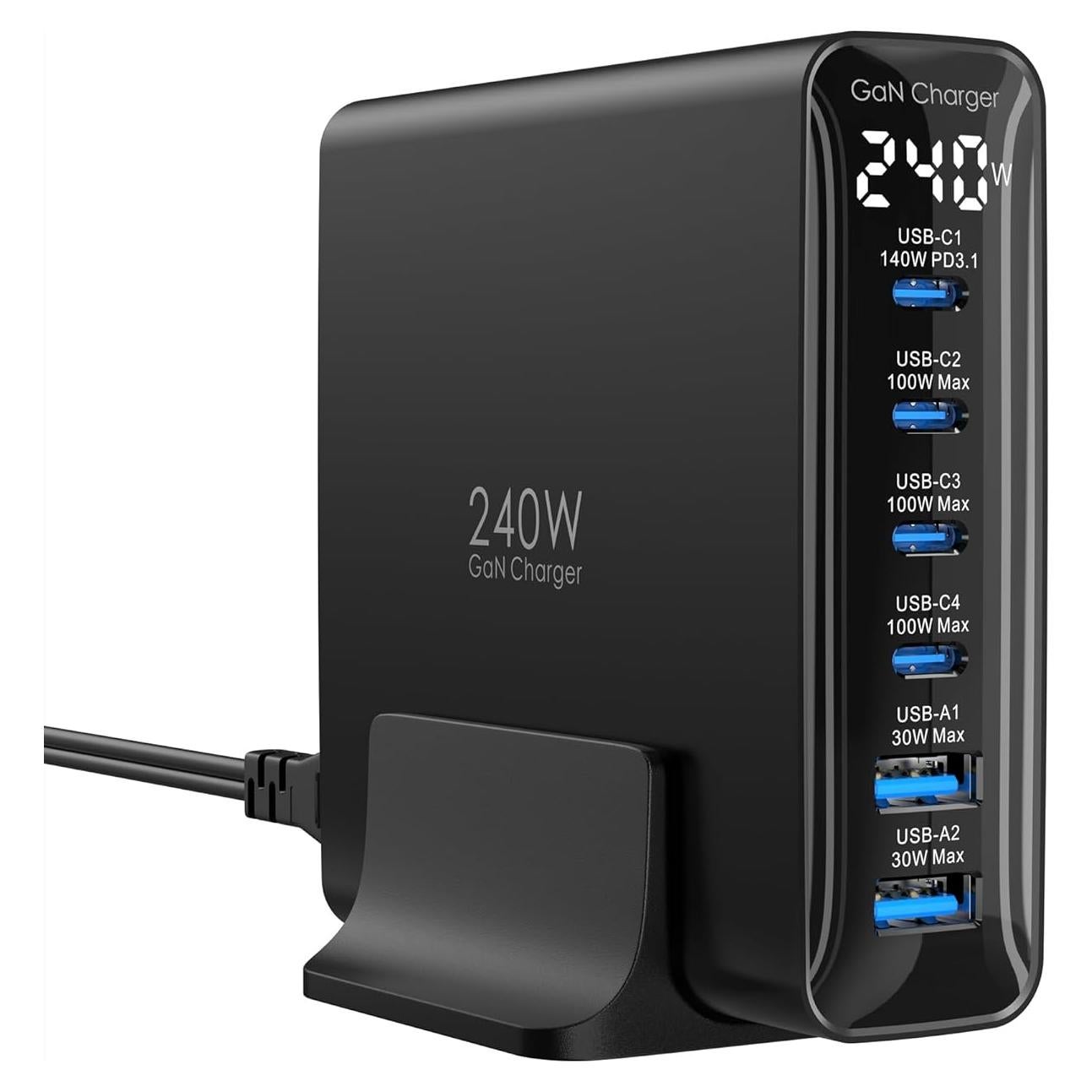 Cargador USB-C 240W GaN 6 Puertos con Pantalla LED - Topadre