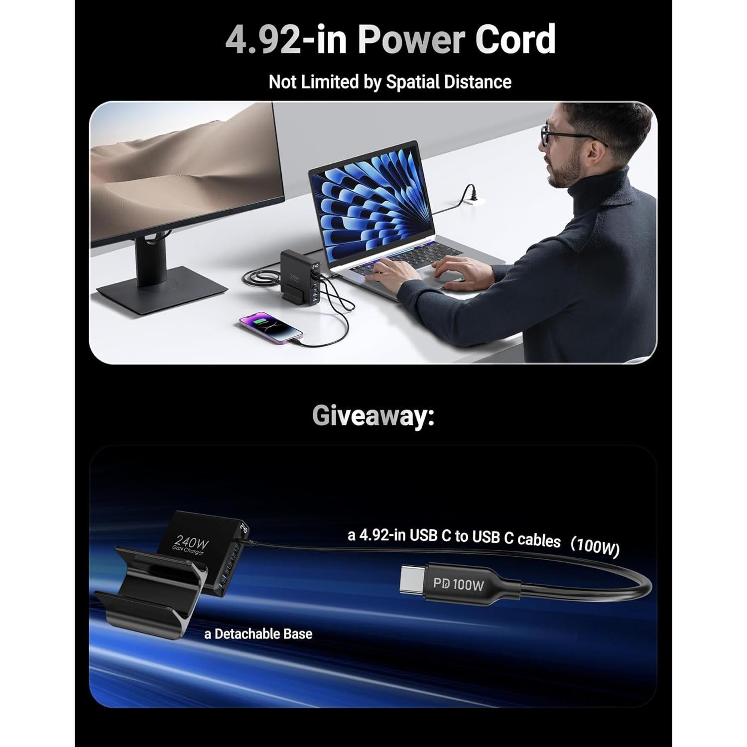 Cargador USB-C 240W GaN 6 Puertos con Pantalla LED - Topadre