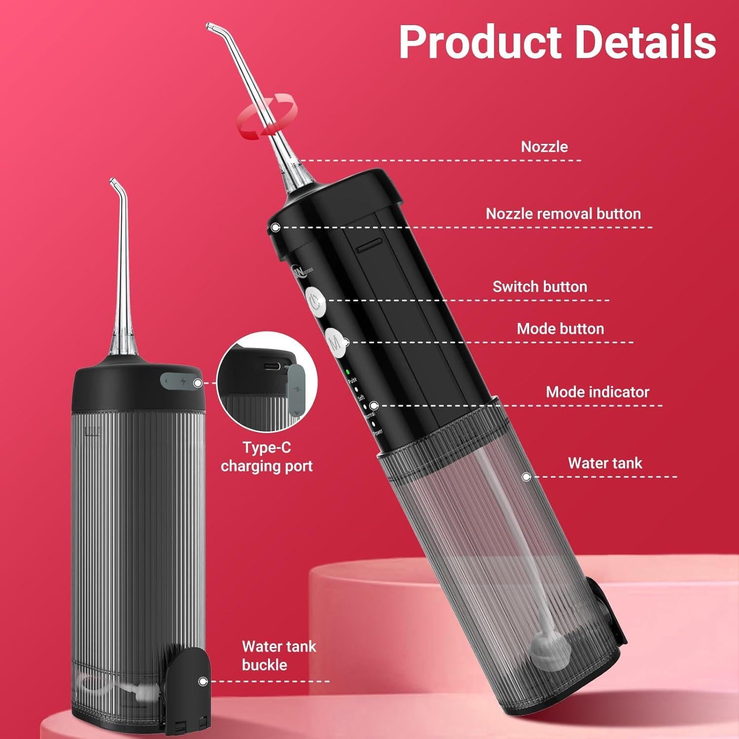 Irrigador Dental Portátil JNGOODS M141 Negro, 4 Modos, IPX7