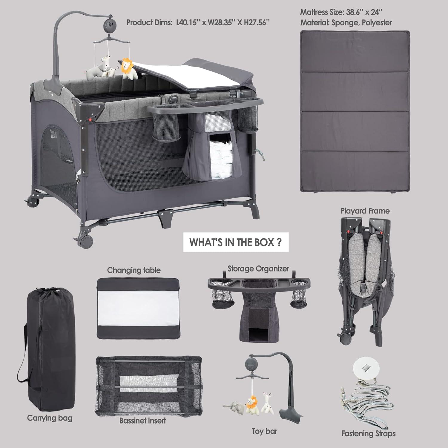 Cuna Lateral 5 en 1 QUTANIX Gris - Pack and Play para Bebés