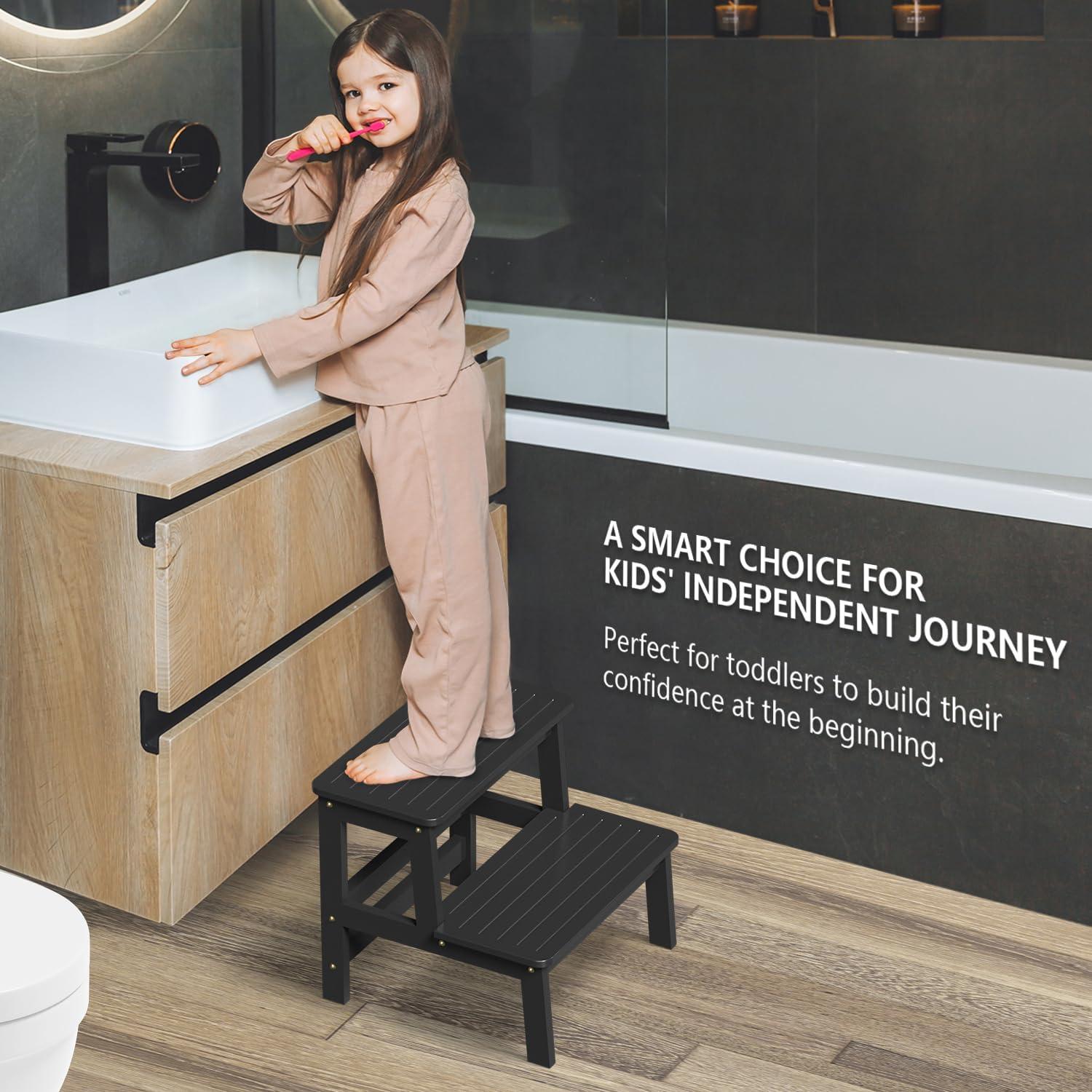 Taburete de Bambú Domax para Niños y Adultos - Antideslizante, Negro