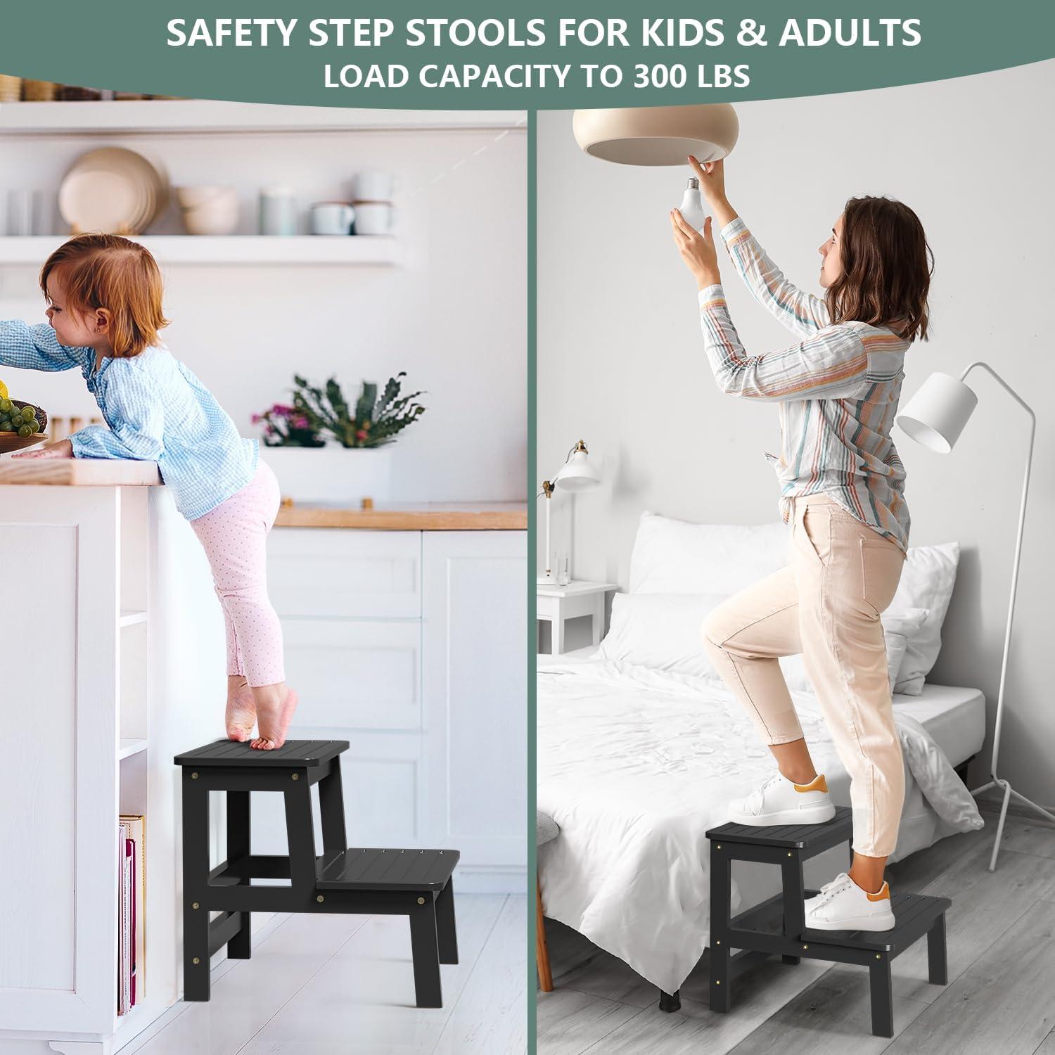 Taburete de Bambú Domax para Niños y Adultos - Antideslizante, Negro