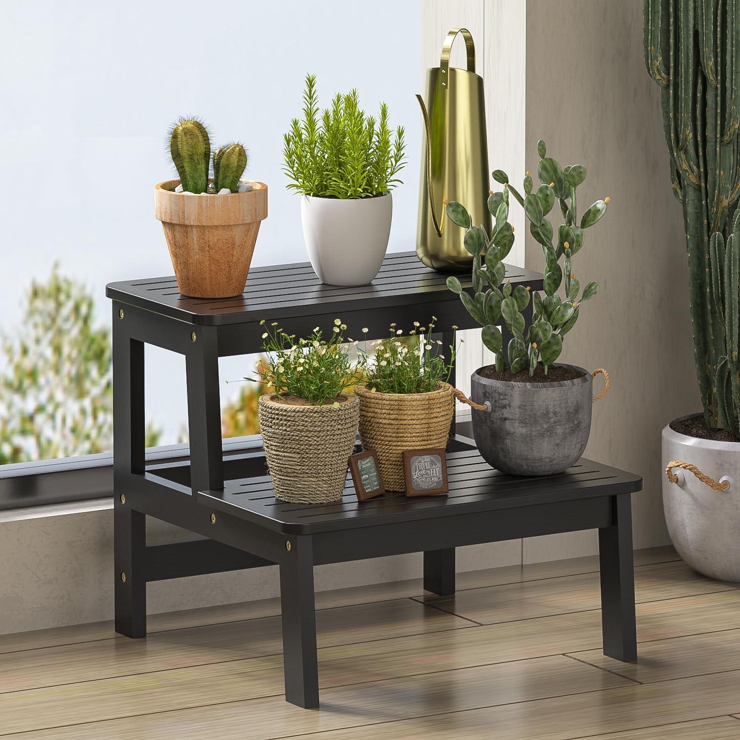 Taburete de Bambú Domax para Niños y Adultos - Antideslizante, Negro