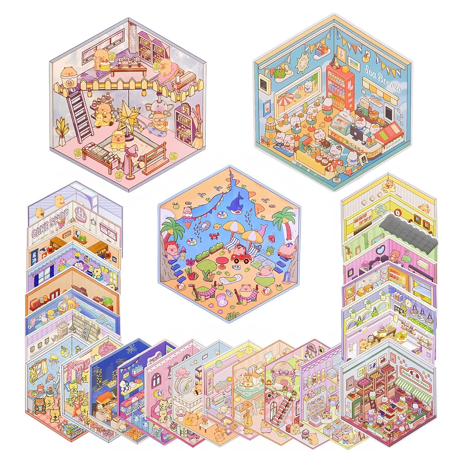 Conjunto de Pegatinas 3D Reutilizables daheypong - 28 Escenas de Dibujos Animados