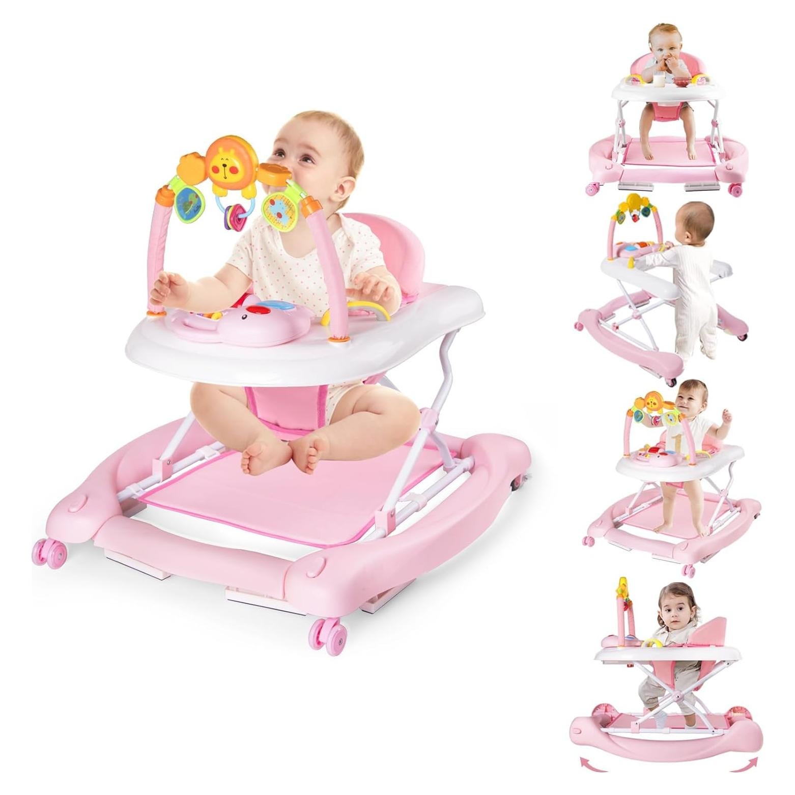 Andador 5-en-1 Plegable para Bebés Rosa - Altura Ajustable