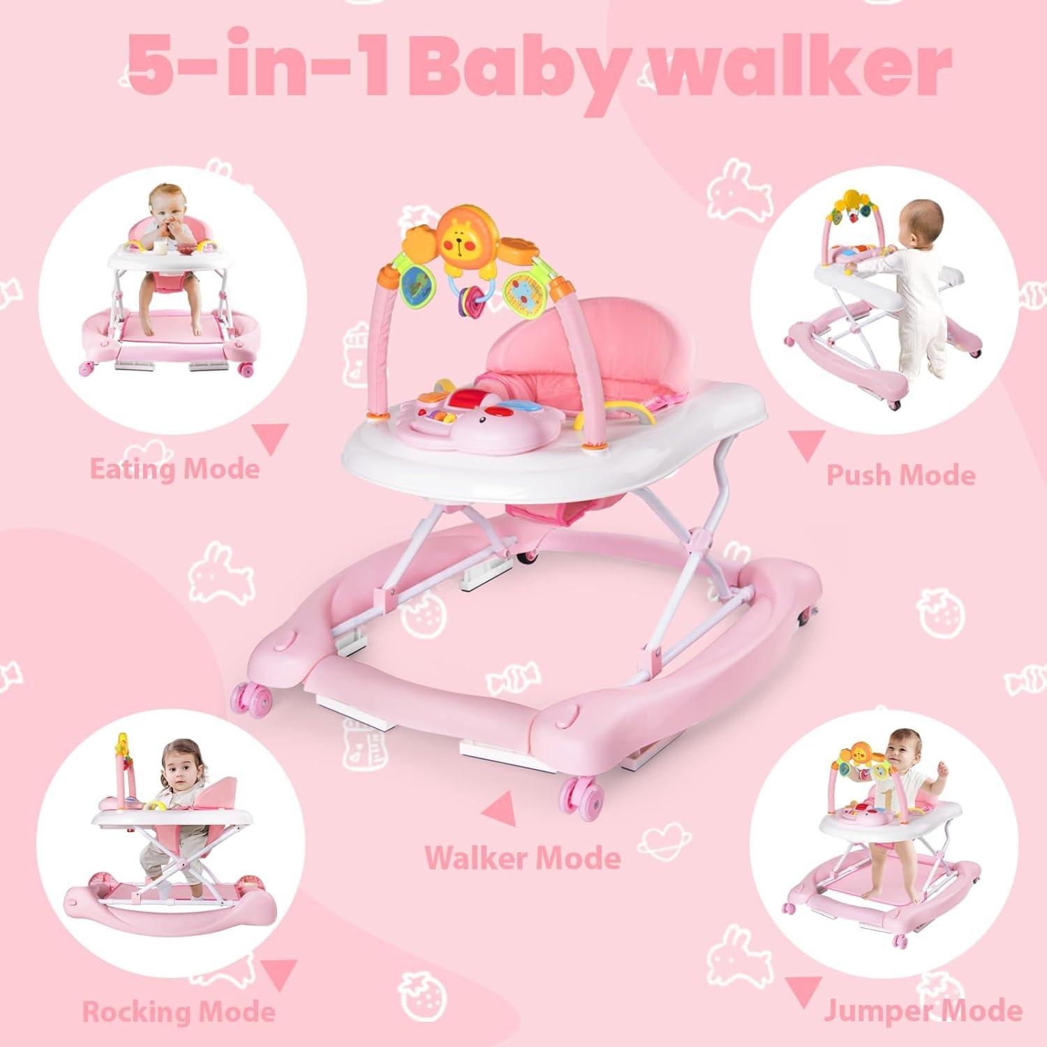 Andador 5-en-1 Plegable para Bebés Rosa - Altura Ajustable