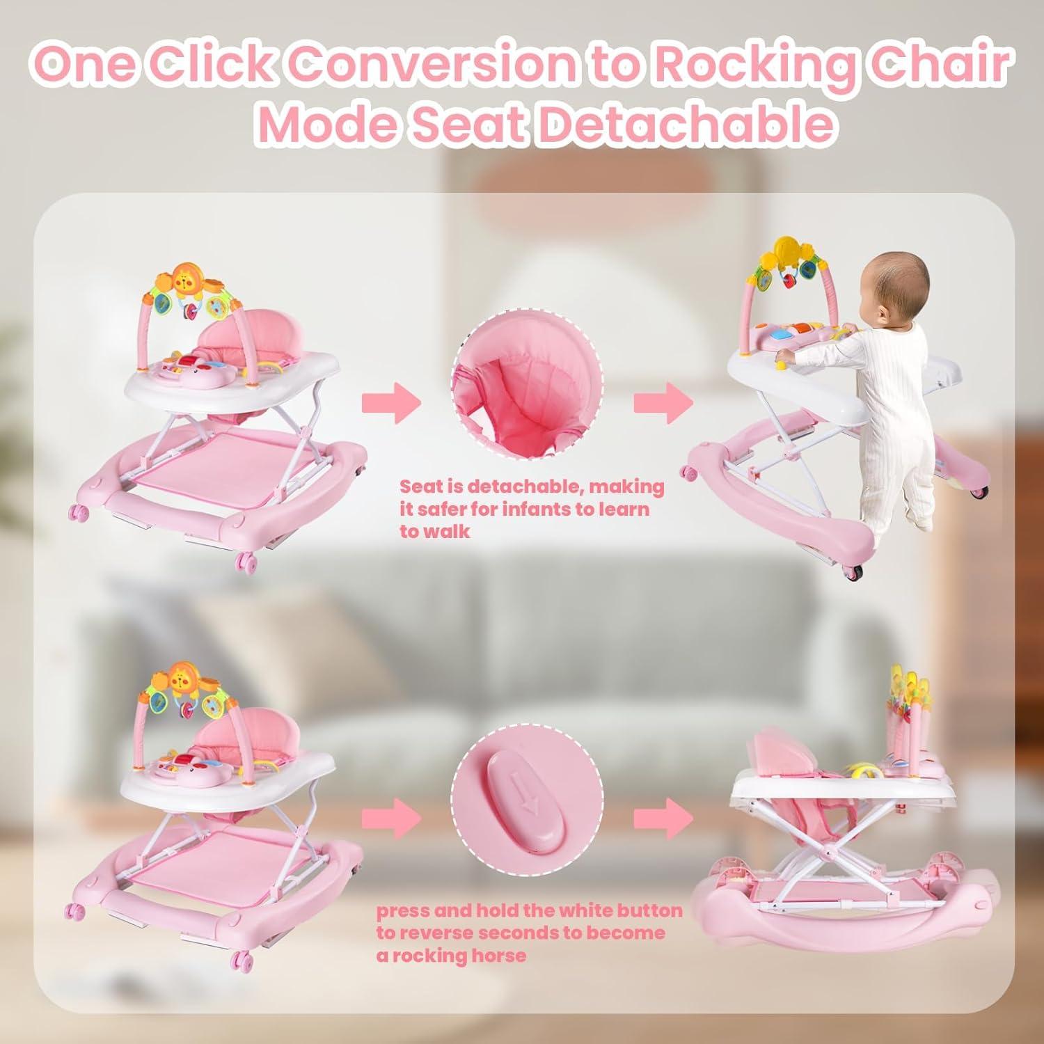 Andador 5-en-1 Plegable para Bebés Rosa - Altura Ajustable