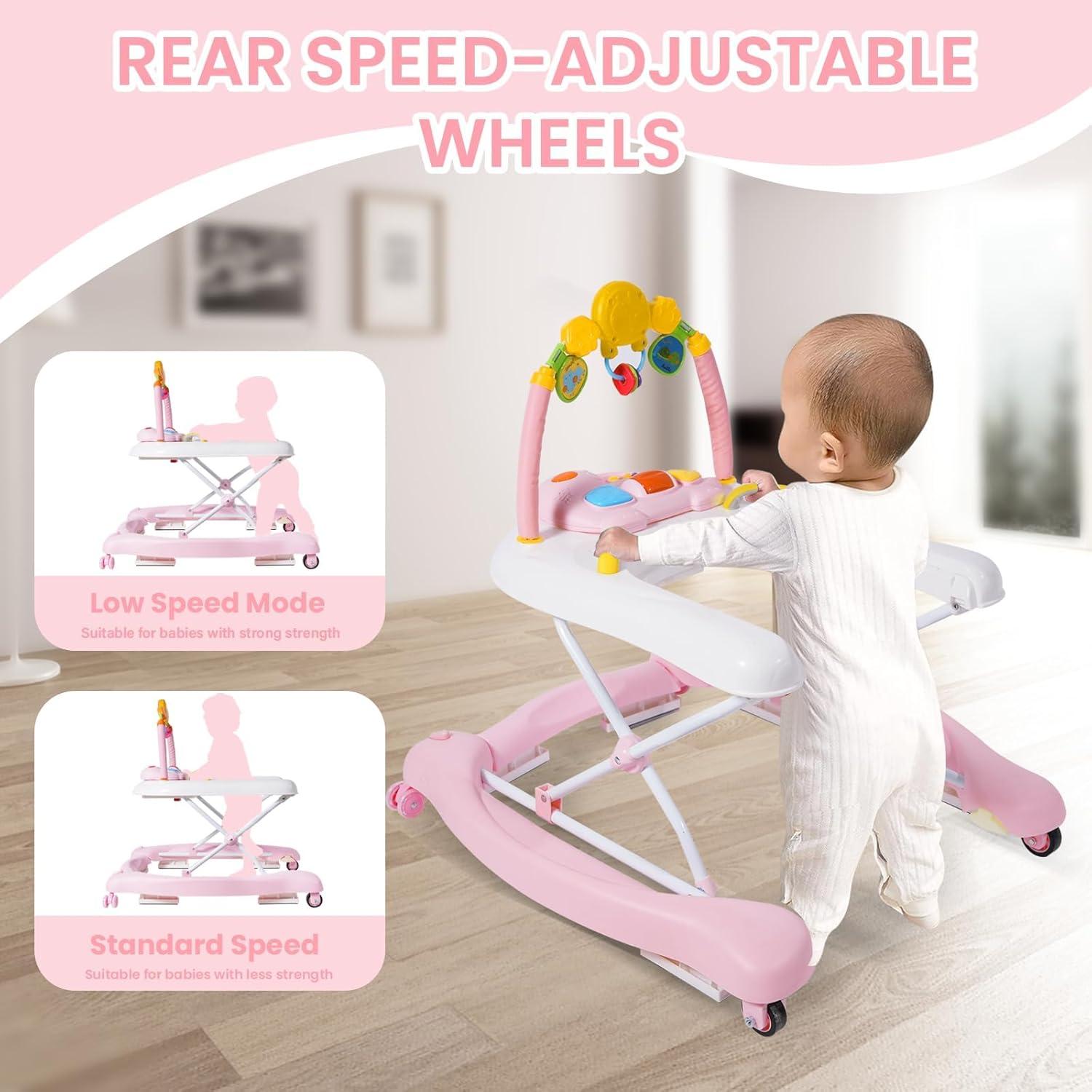 Andador 5-en-1 Plegable para Bebés Rosa - Altura Ajustable