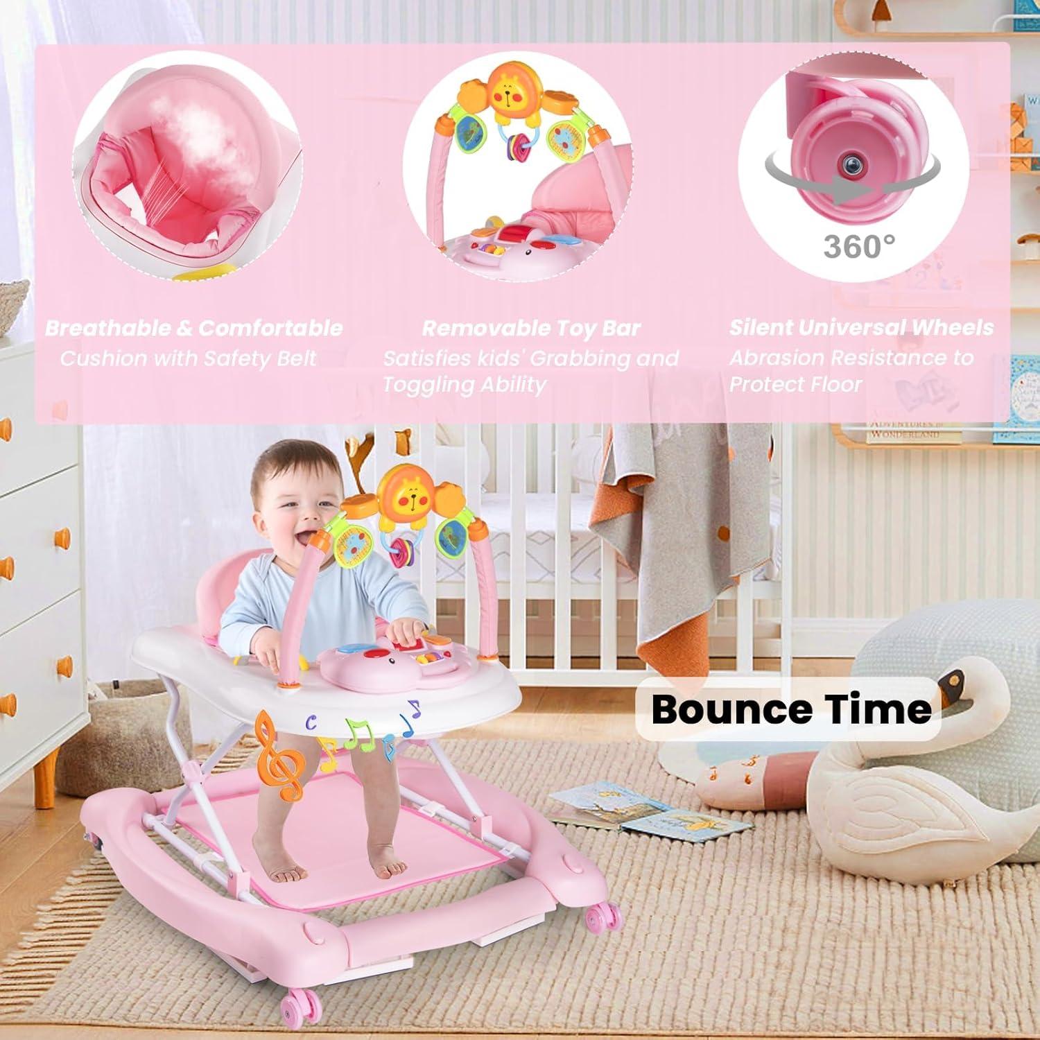 Andador 5-en-1 Plegable para Bebés Rosa - Altura Ajustable