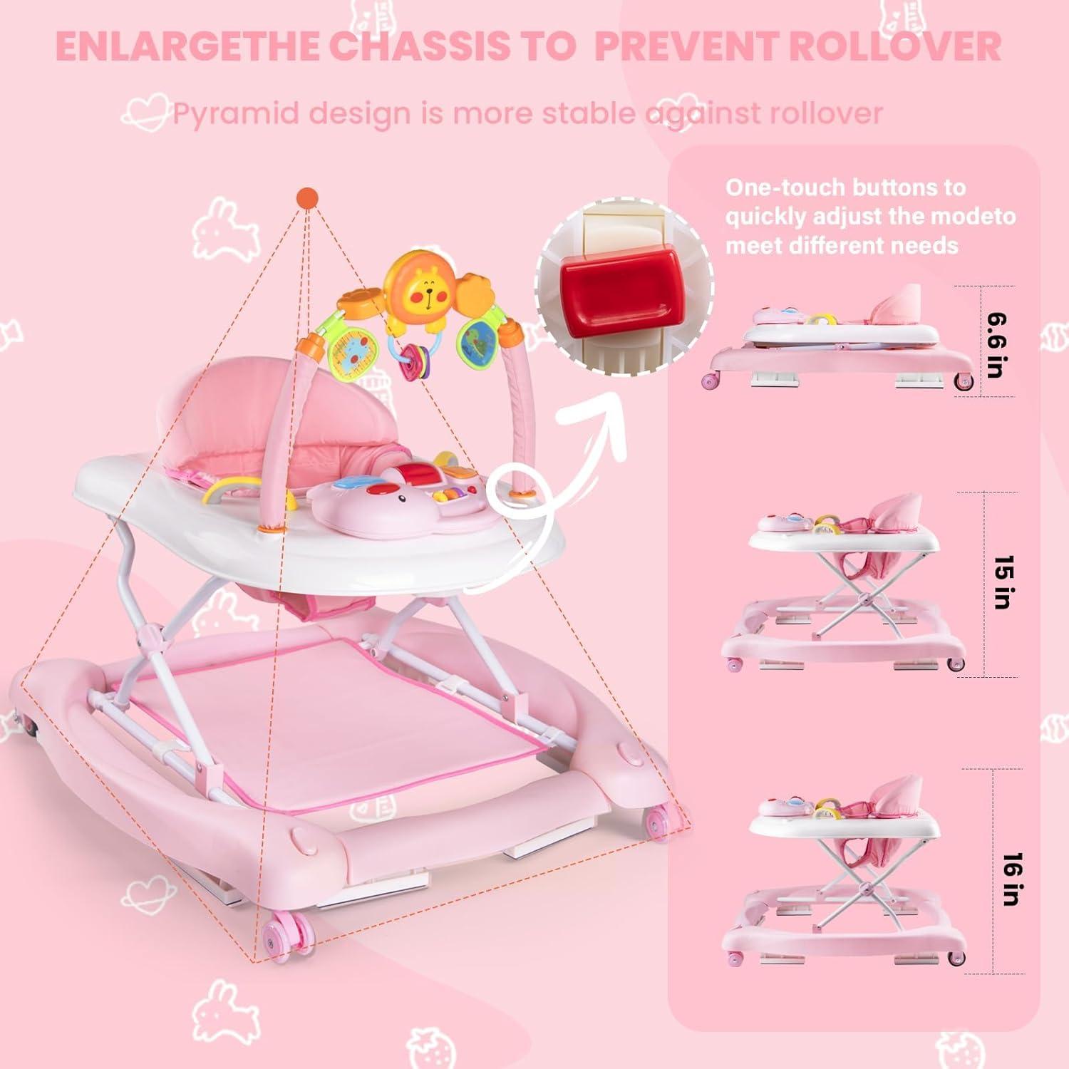Andador 5-en-1 Plegable para Bebés Rosa - Altura Ajustable