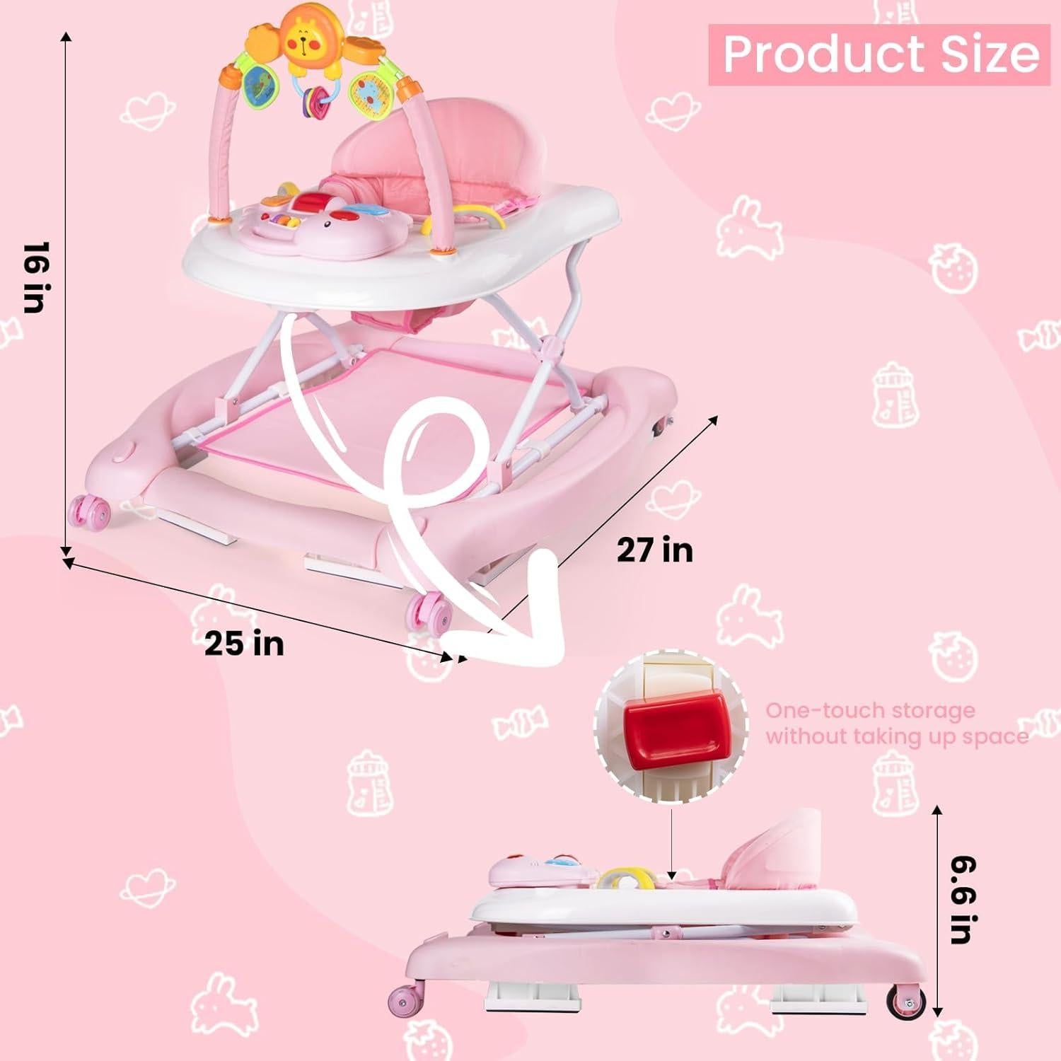 Andador 5-en-1 Plegable para Bebés Rosa - Altura Ajustable