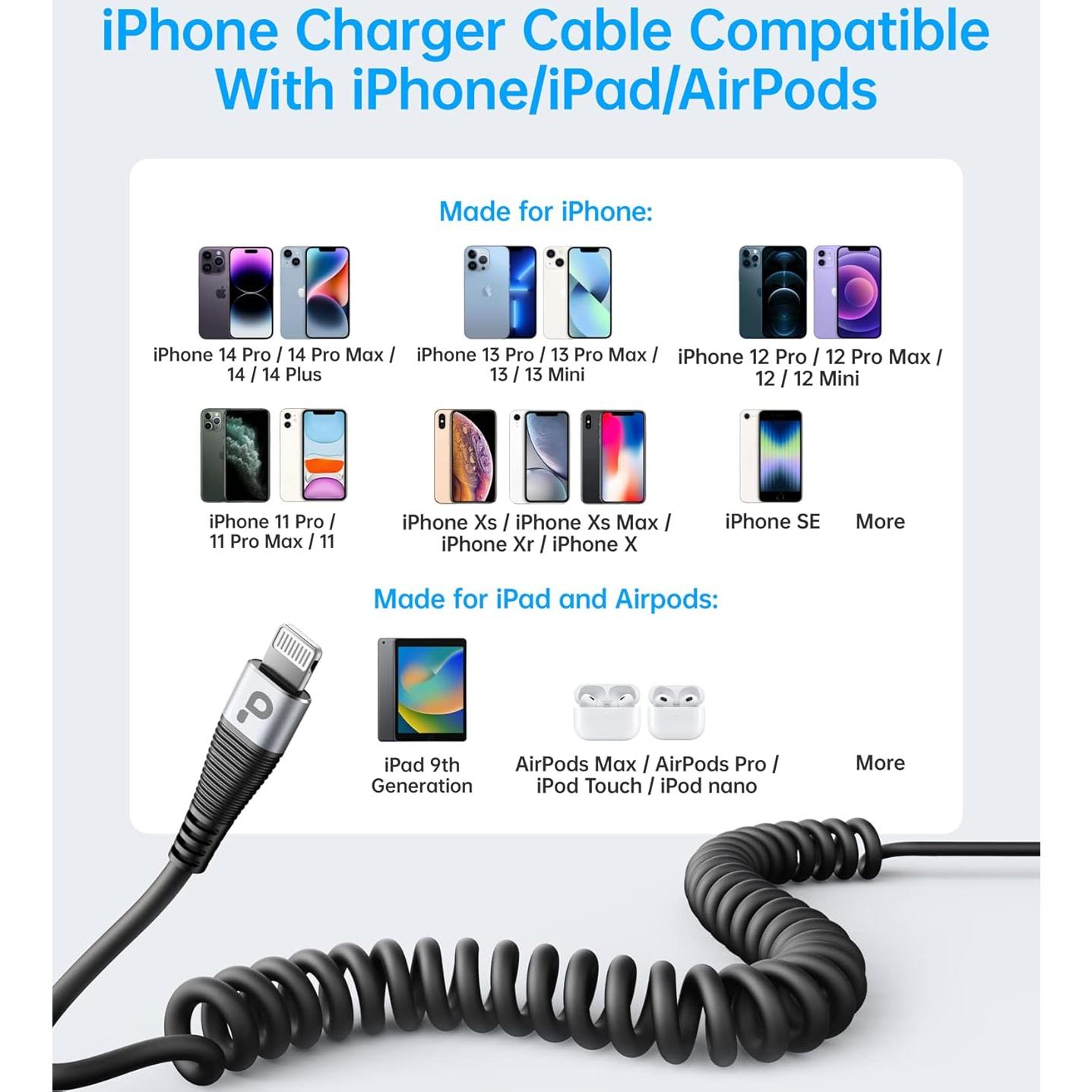 Cable Cargador iPhone PRAKIE 3 y 5 pies MFi Retráctil