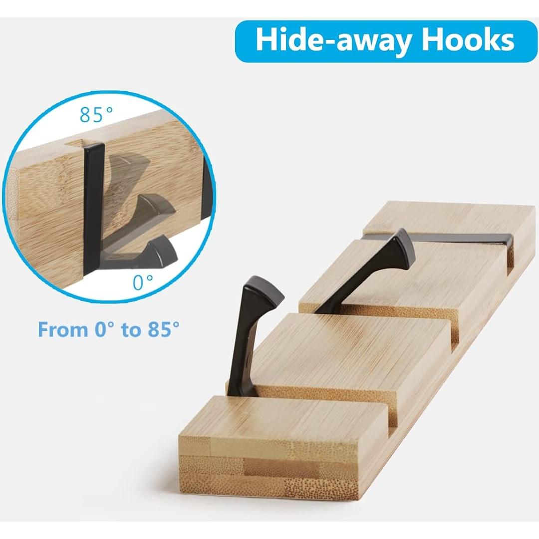 Perchero de pared JSVER 3 ganchos retráctiles bambú 30x5.4cm