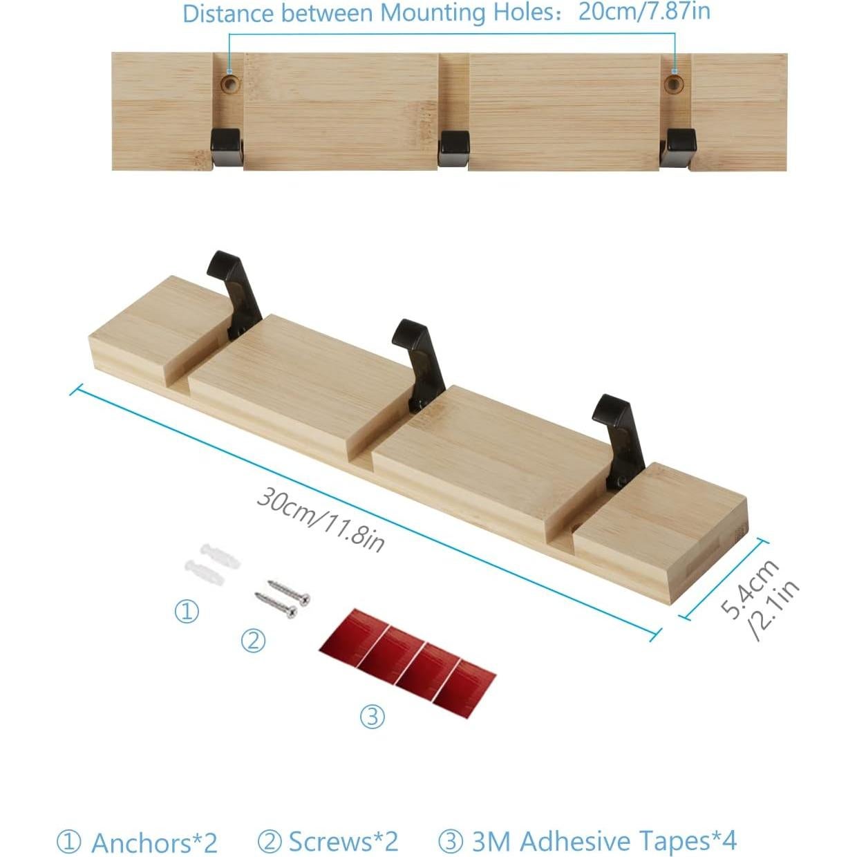 Perchero de pared JSVER 3 ganchos retráctiles bambú 30x5.4cm