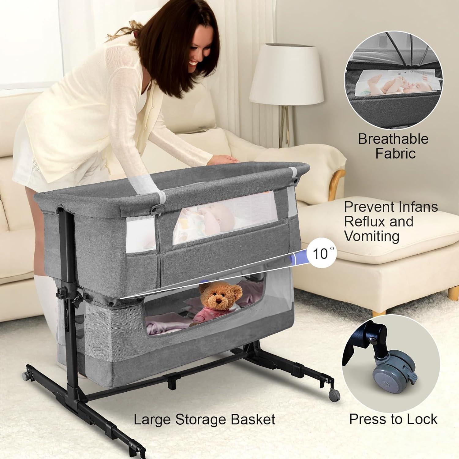 Cuna 3 en 1 Cutebeams Lateral con Colchón y Malla Gris