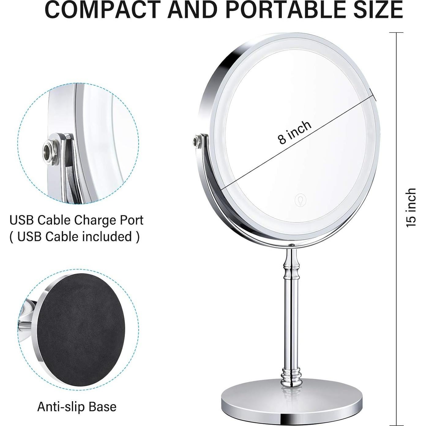 Espejo de Maquillaje Iluminado AMZTOLIFE 20 cm 10X Doble Lado