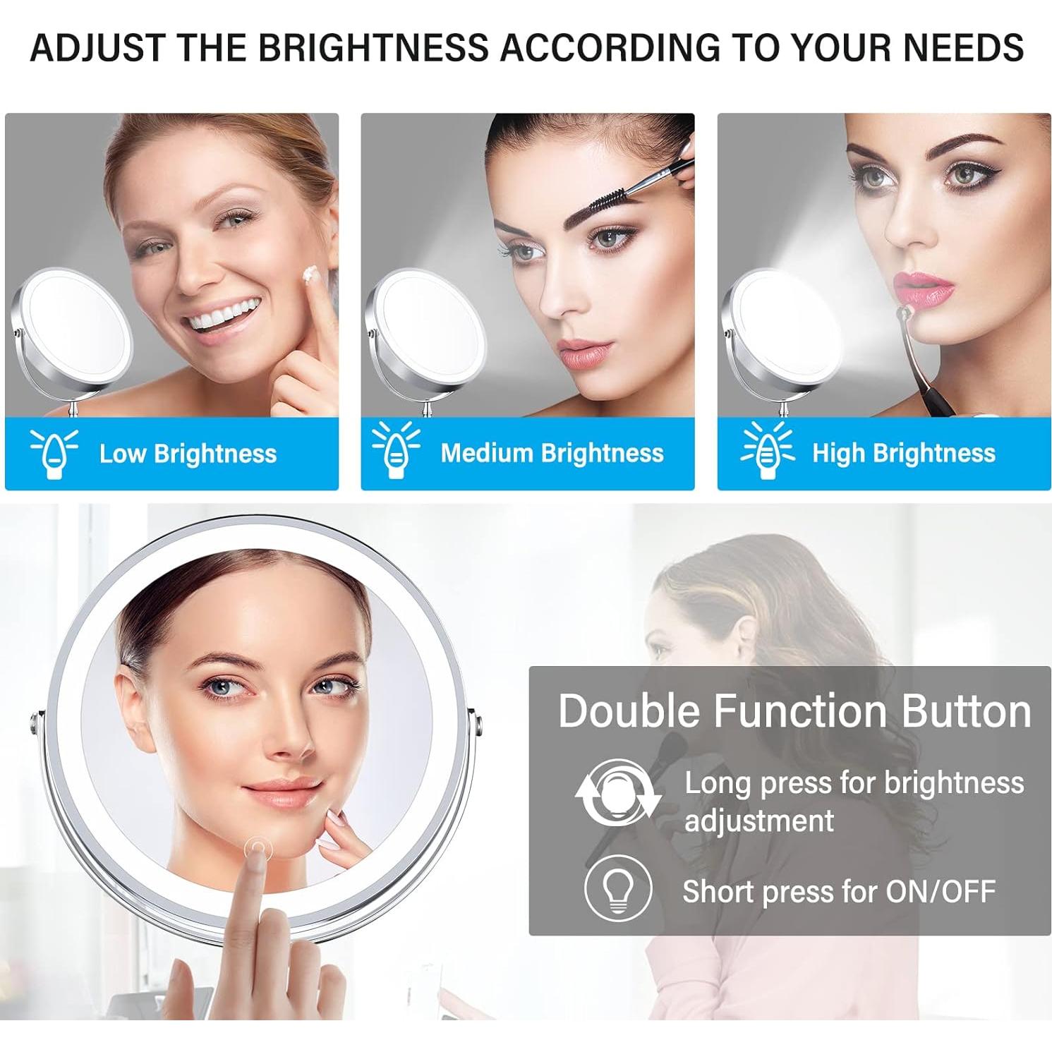 Espejo de Maquillaje Iluminado AMZTOLIFE 20 cm 10X Doble Lado