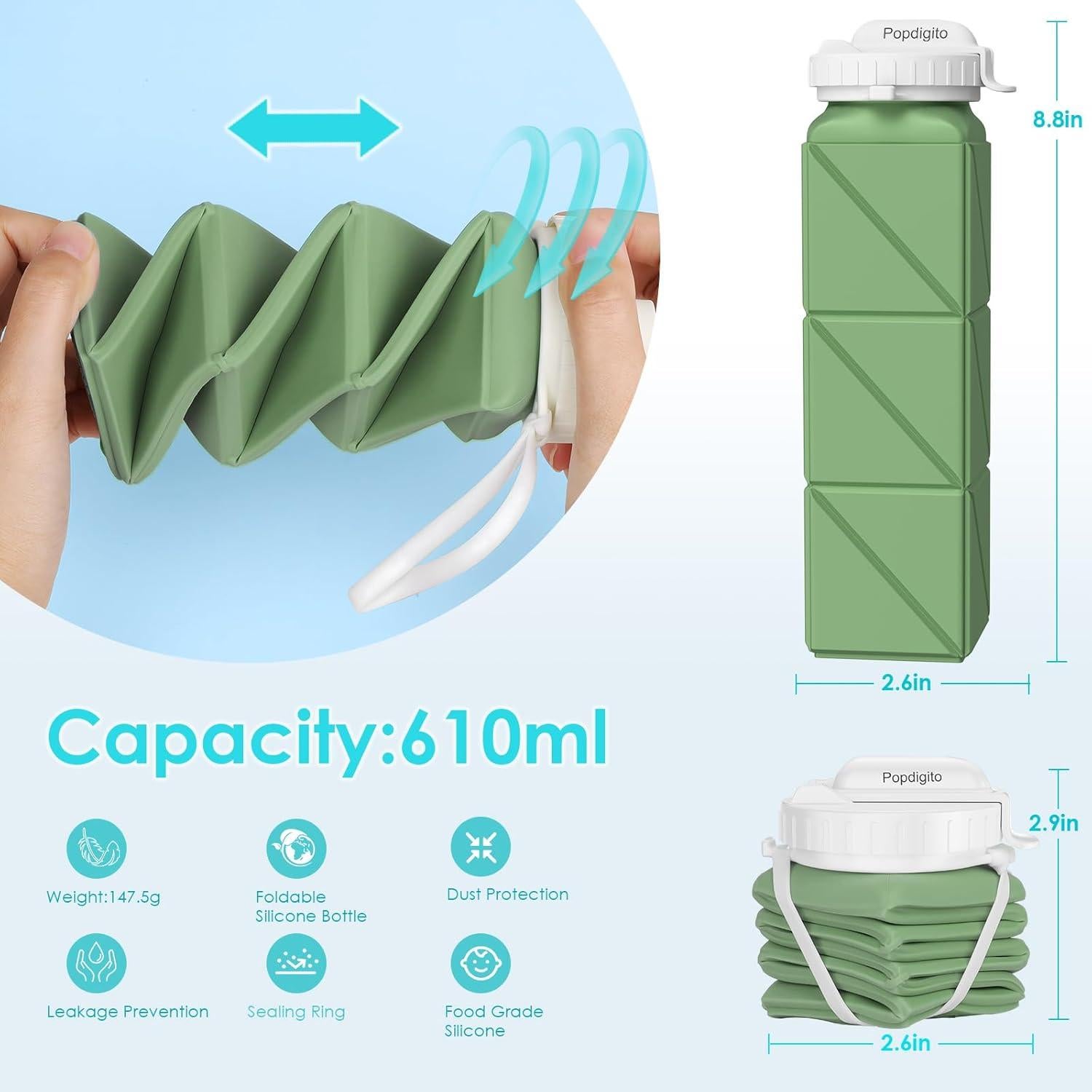 Botella de Agua Plegable Popdigito 610ml Verde Militar