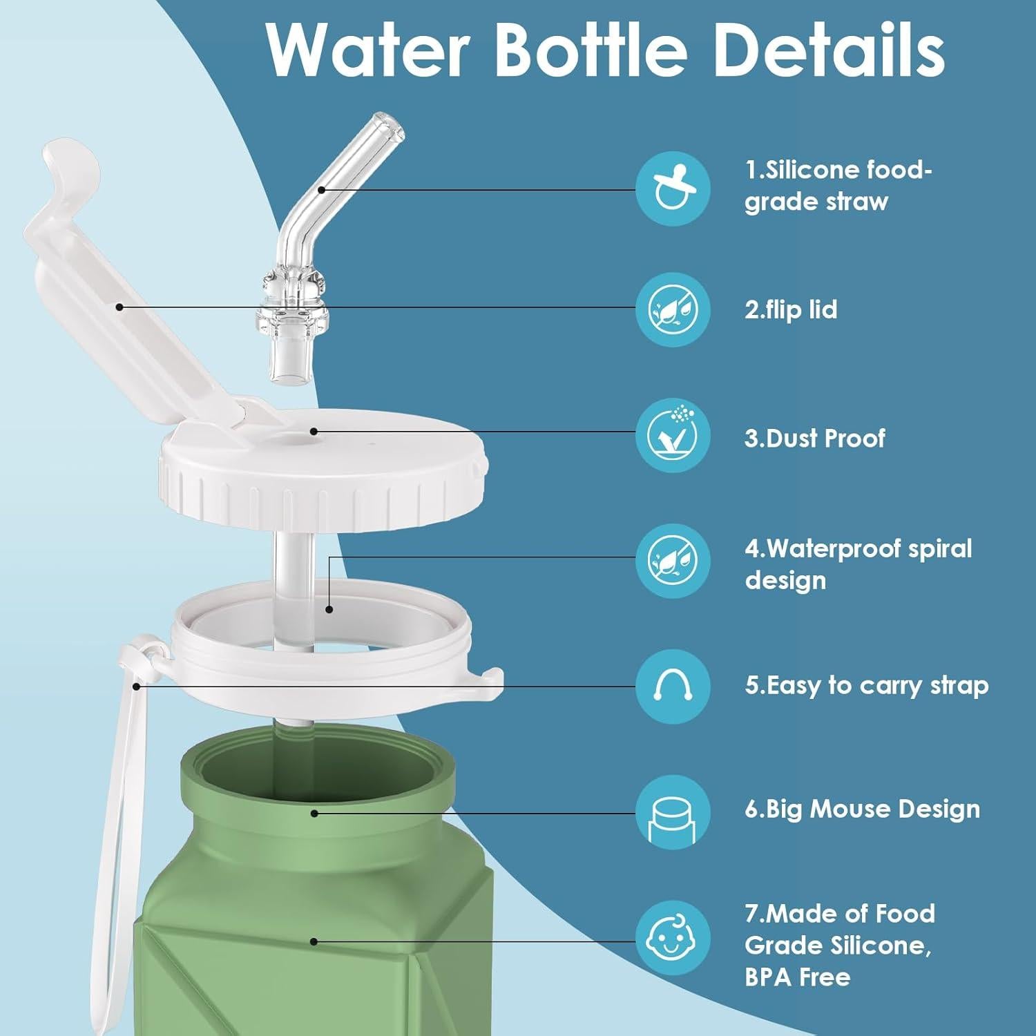 Botella de Agua Plegable Popdigito 610ml Verde Militar