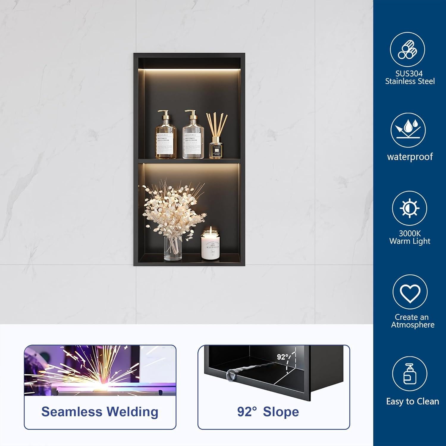 Nicho de Ducha Empotrado Neohomee 30.48x60.96cm LED Negro