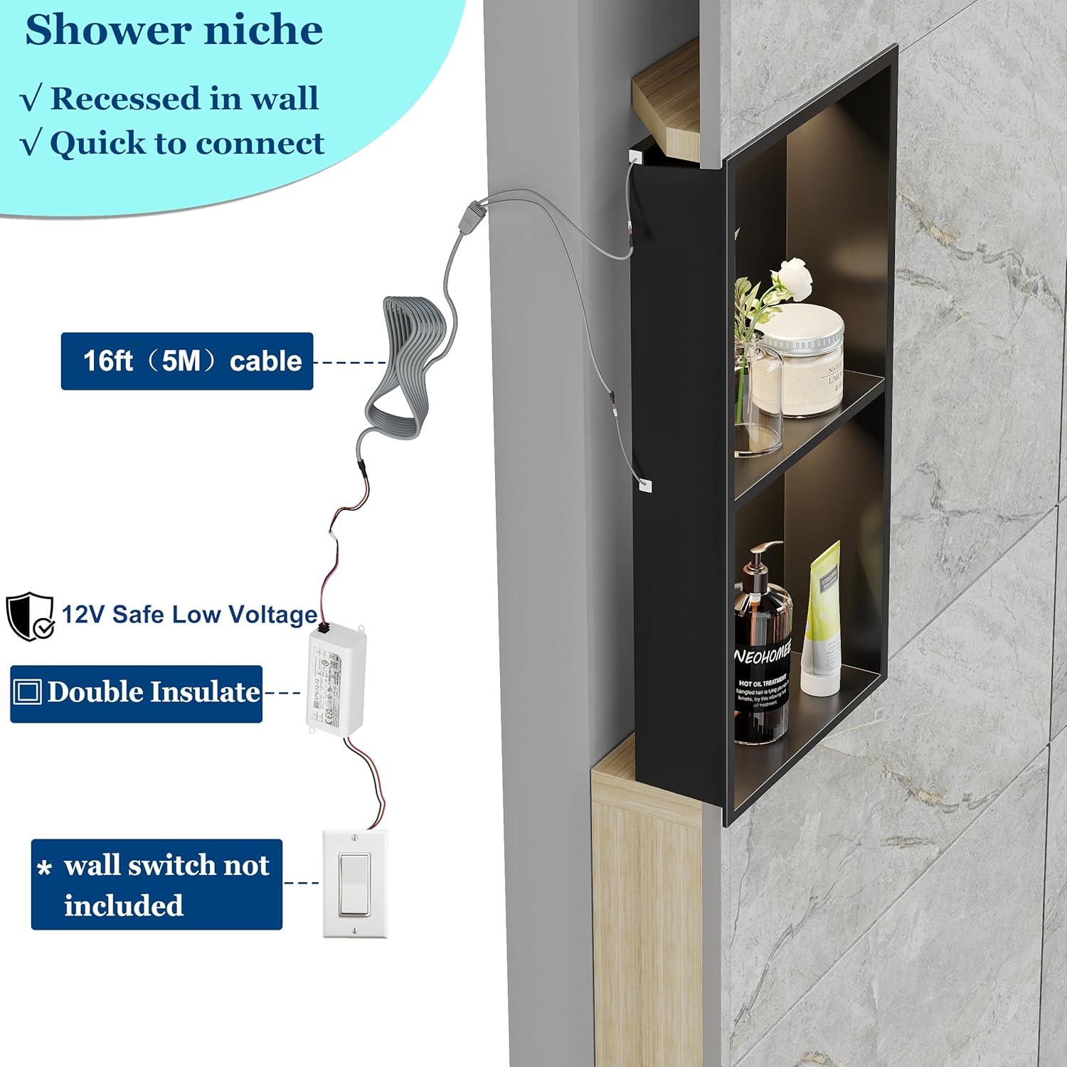 Nicho de Ducha Empotrado Neohomee 30.48x60.96cm LED Negro