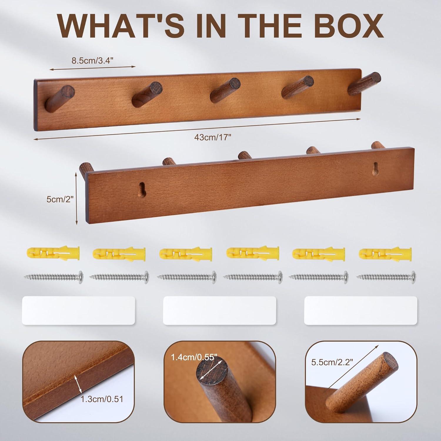 Perchero de Pared Evory 2 Pack Madera Natural 5 Ganchos