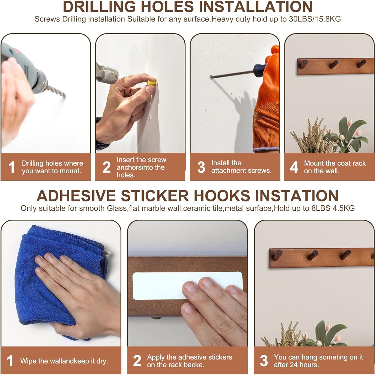 Perchero de Pared Evory 2 Pack Madera Natural 5 Ganchos