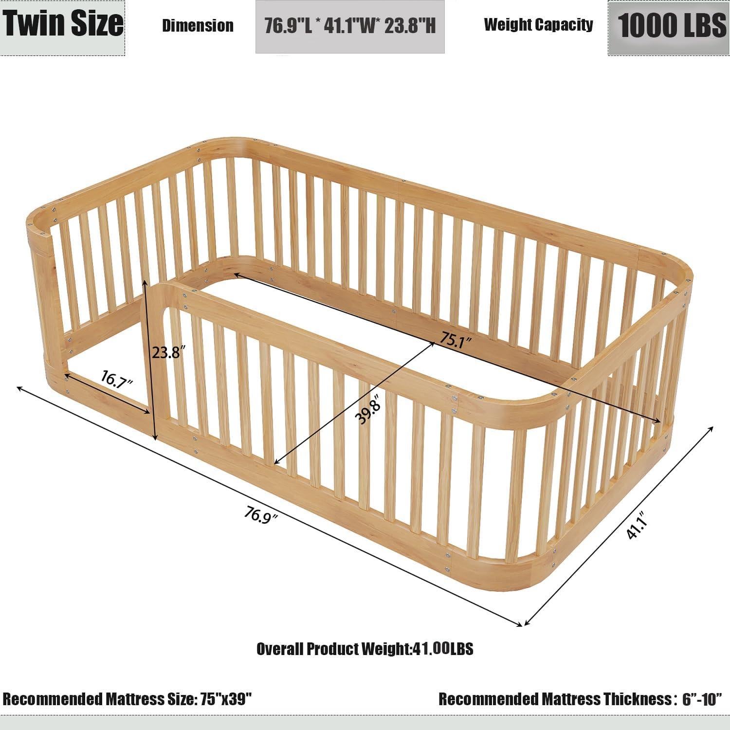Cama de Suelo Montessori Klwenas Maec Twin Natural con Barandilla