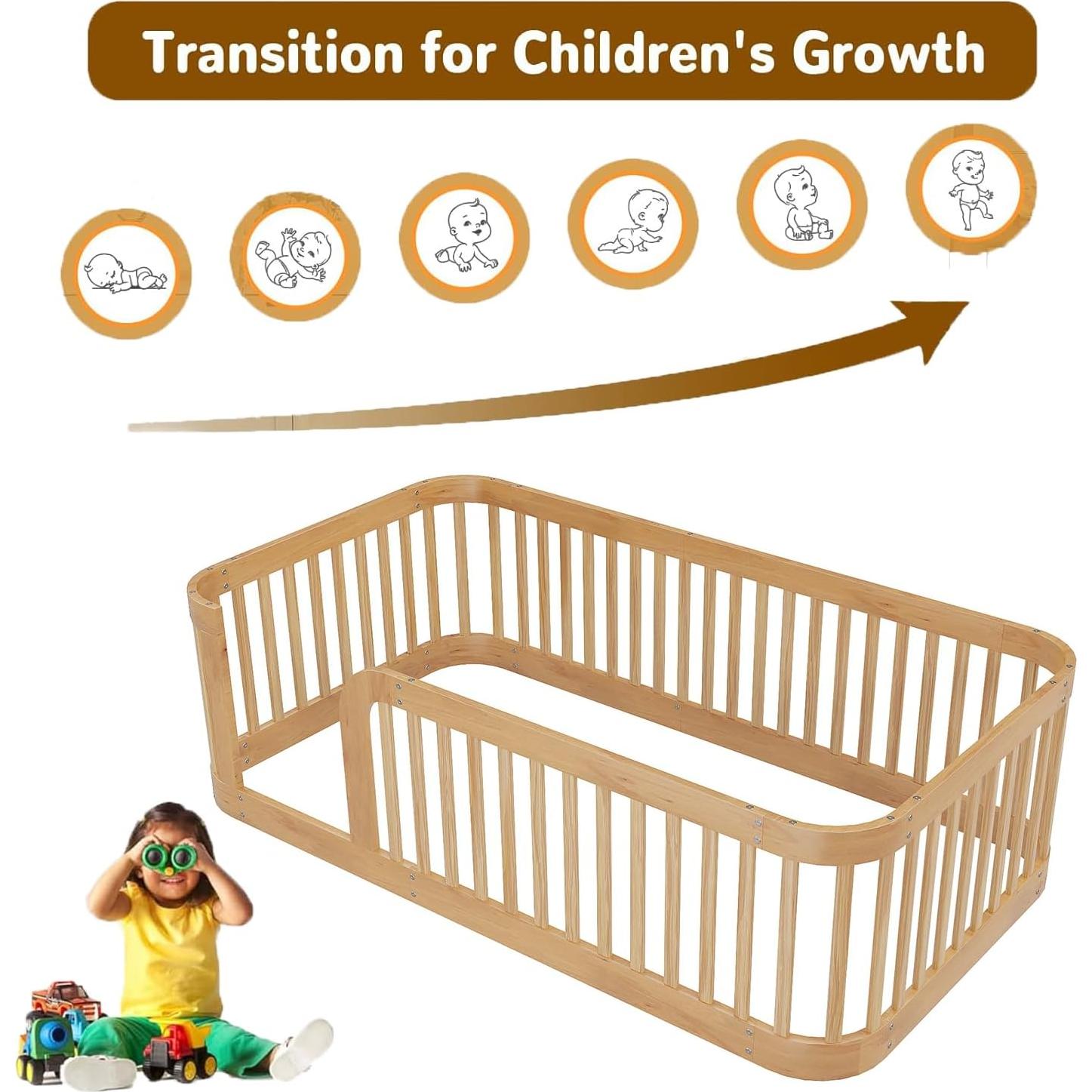 Cama de Suelo Montessori Klwenas Maec Twin Natural con Barandilla