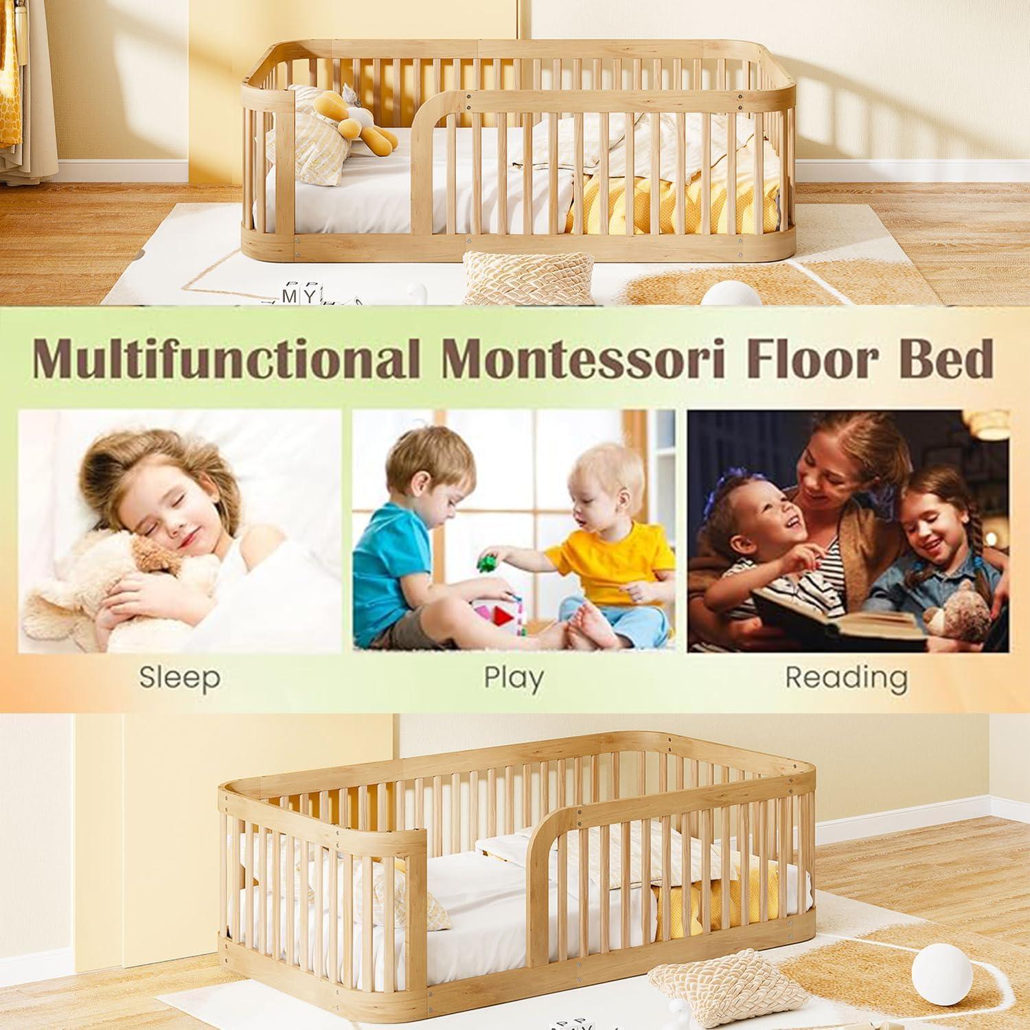 Cama de Suelo Montessori Klwenas Maec Twin Natural con Barandilla