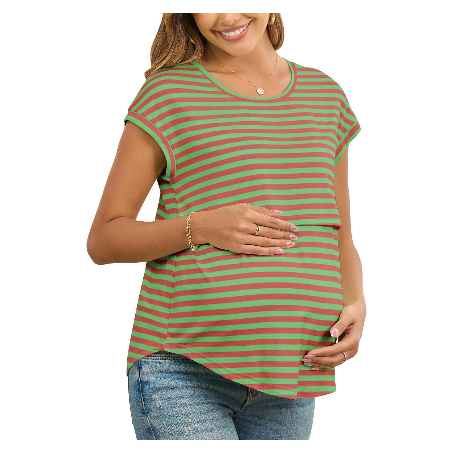 Camisa de Lactancia Rosa Rayas Mangas Cortas Maternidad