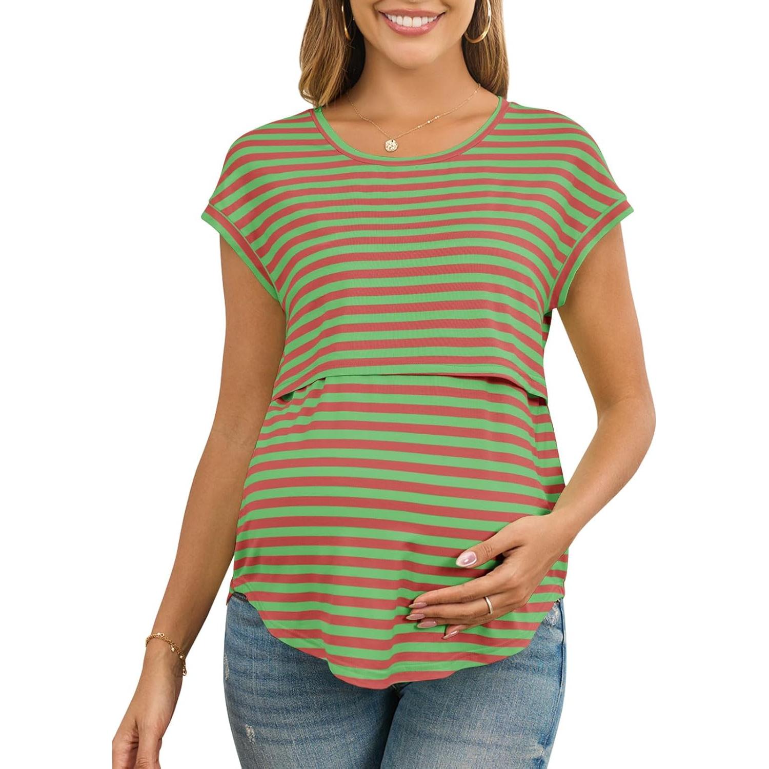 Camisa de Lactancia Rosa Rayas Mangas Cortas Maternidad