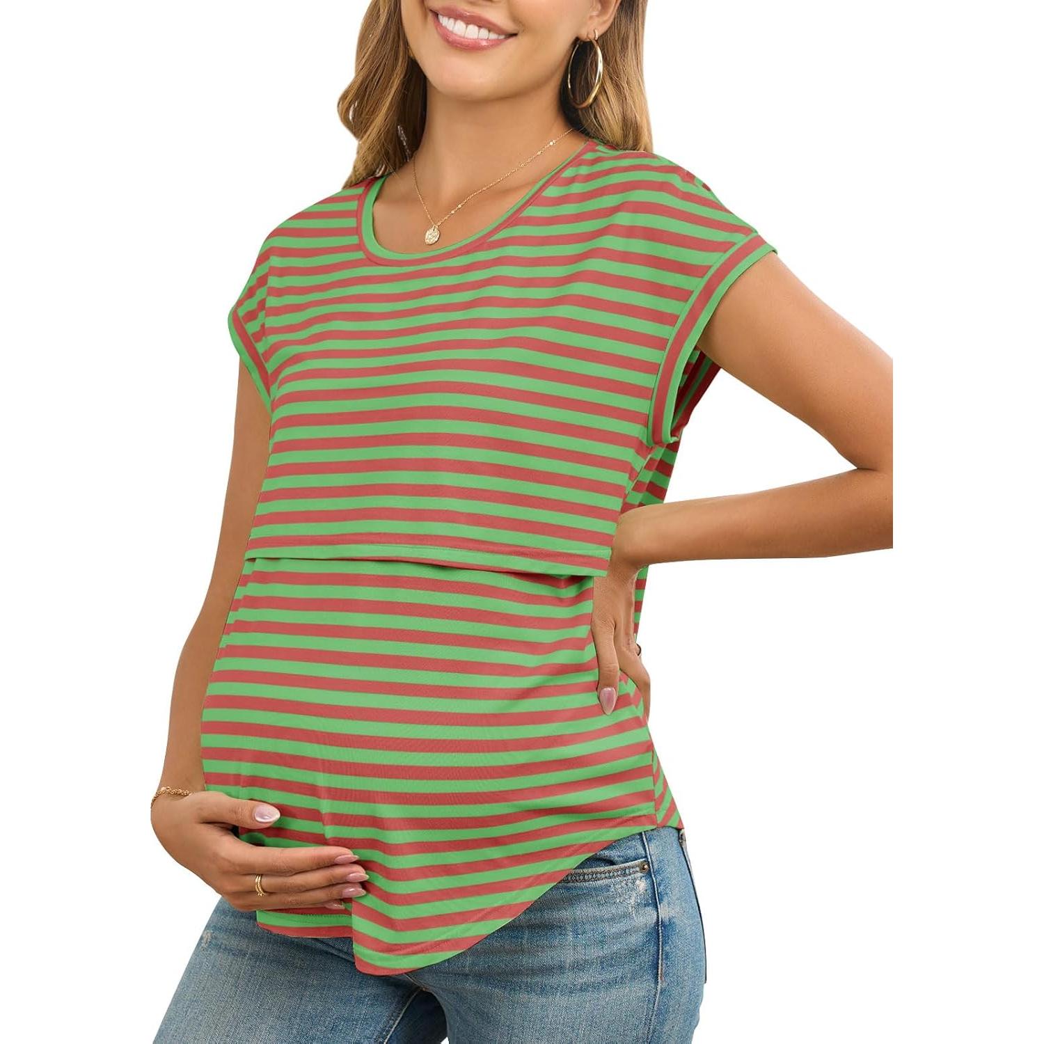 Camisa de Lactancia Rosa Rayas Mangas Cortas Maternidad