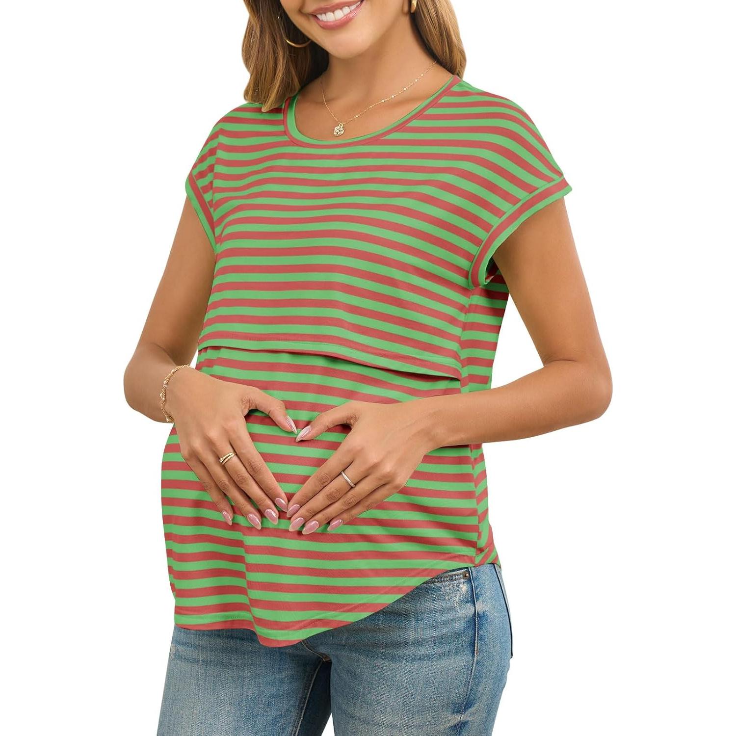 Camisa de Lactancia Rosa Rayas Mangas Cortas Maternidad