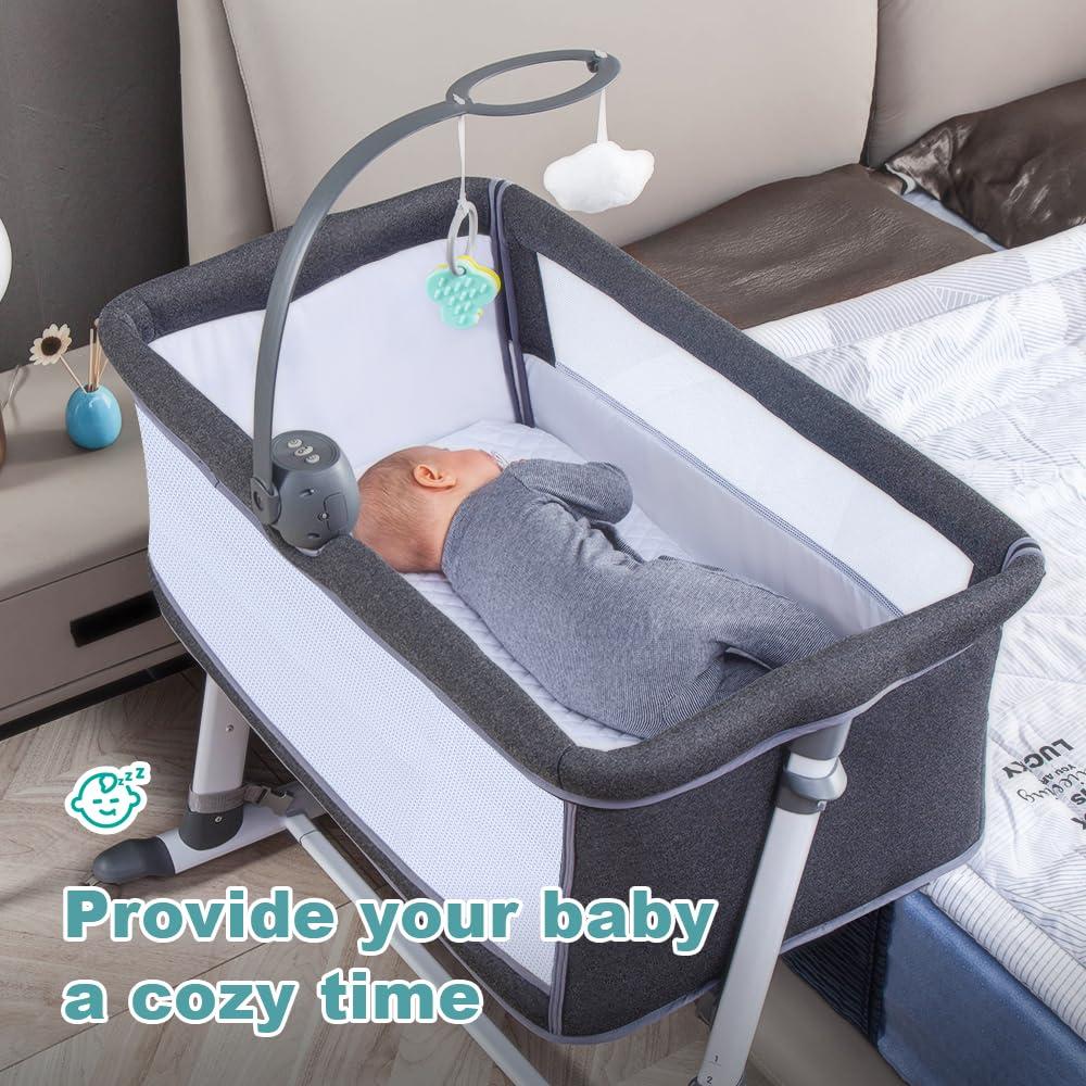 Cuna de Lado RONBEI para Bebé Gris Oscuro con Ruedas