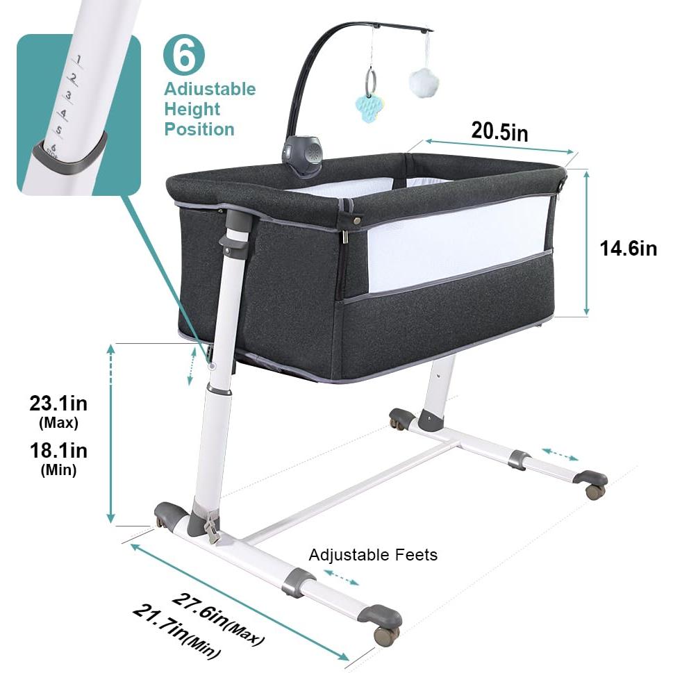 Cuna de Lado RONBEI para Bebé Gris Oscuro con Ruedas