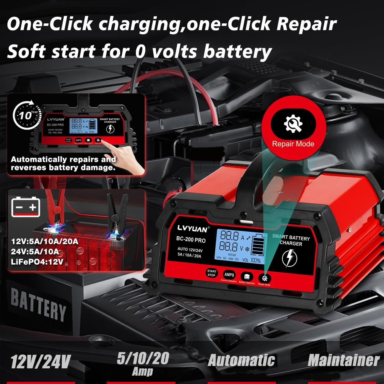 Cargador de Batería Inteligente LVYUAN 20A 12V/24V para Coche