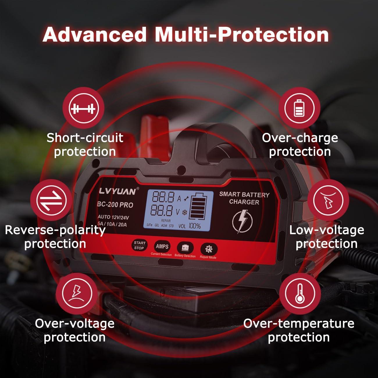 Cargador de Batería Inteligente LVYUAN 20A 12V/24V para Coche