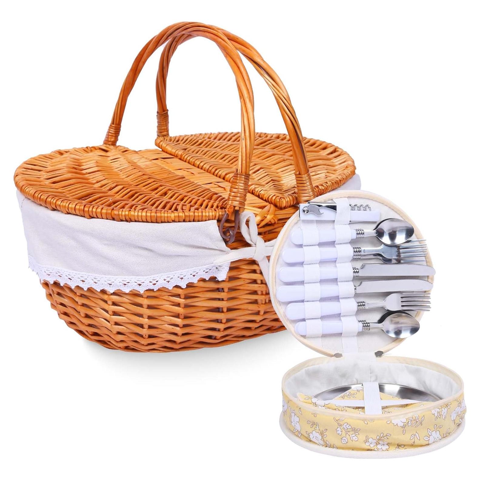 Cesta de Picnic de Mimbre HYBDAMAI para 4 Personas con Cubiertos