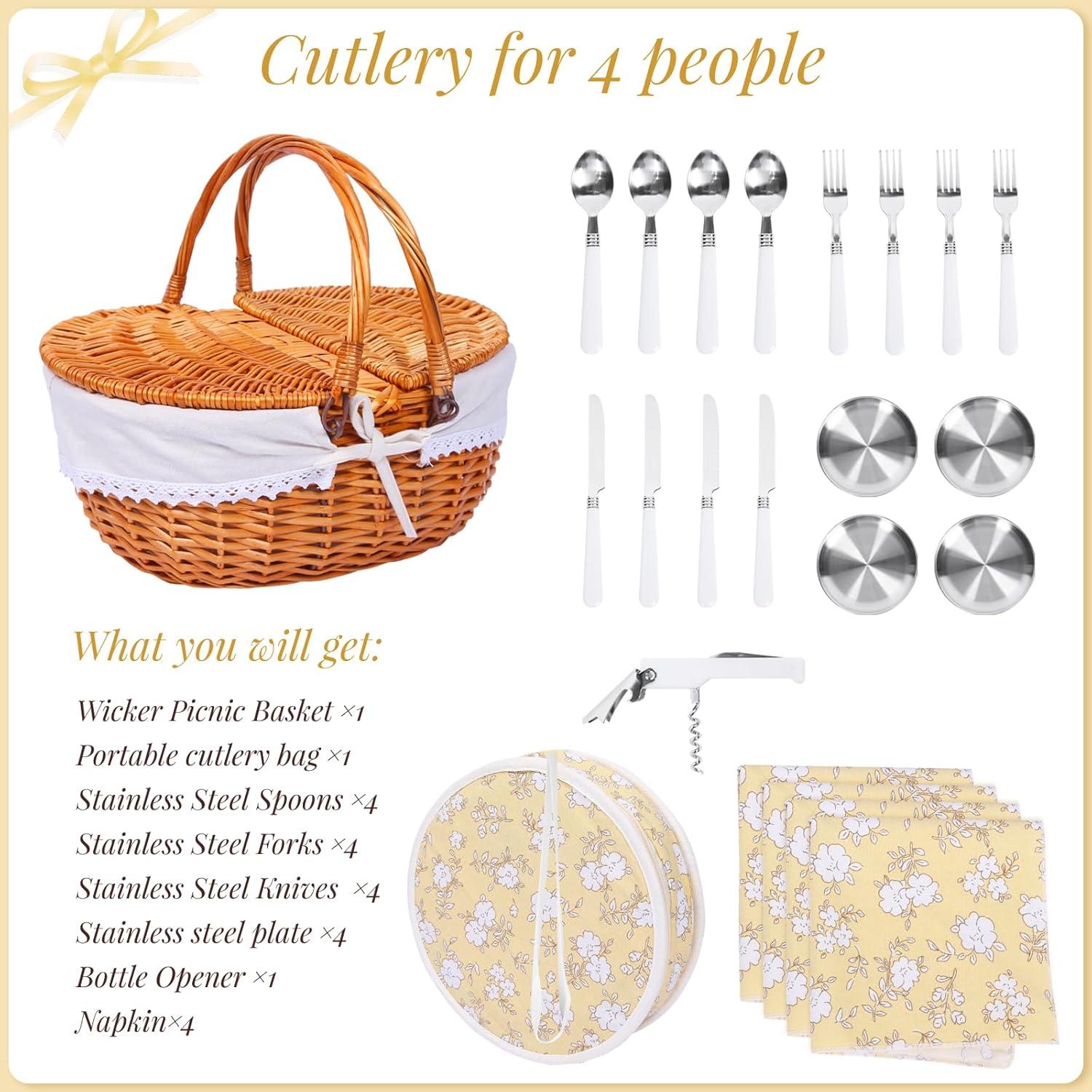 Cesta de Picnic de Mimbre HYBDAMAI para 4 Personas con Cubiertos