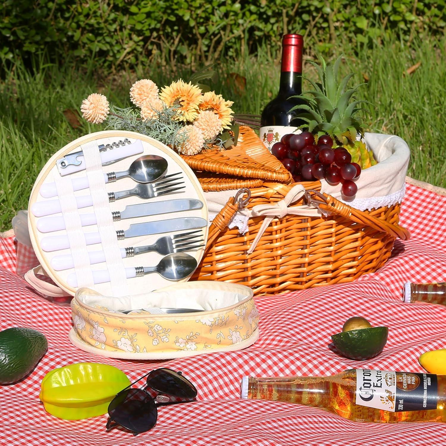 Cesta de Picnic de Mimbre HYBDAMAI para 4 Personas con Cubiertos